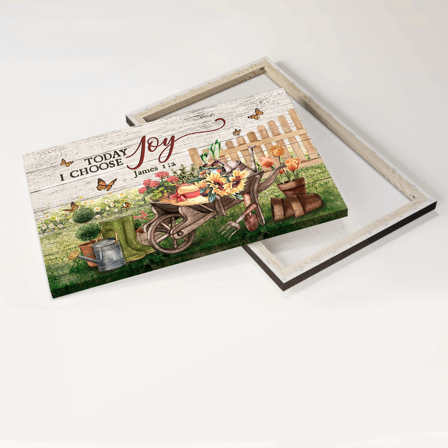 Jesus Landscape Canvas- Flower planting, Picket fence, Monarch butterfly- Gift for Christian- Today I choose joy - Landscape Canvas Prints, Christian Wall Art
