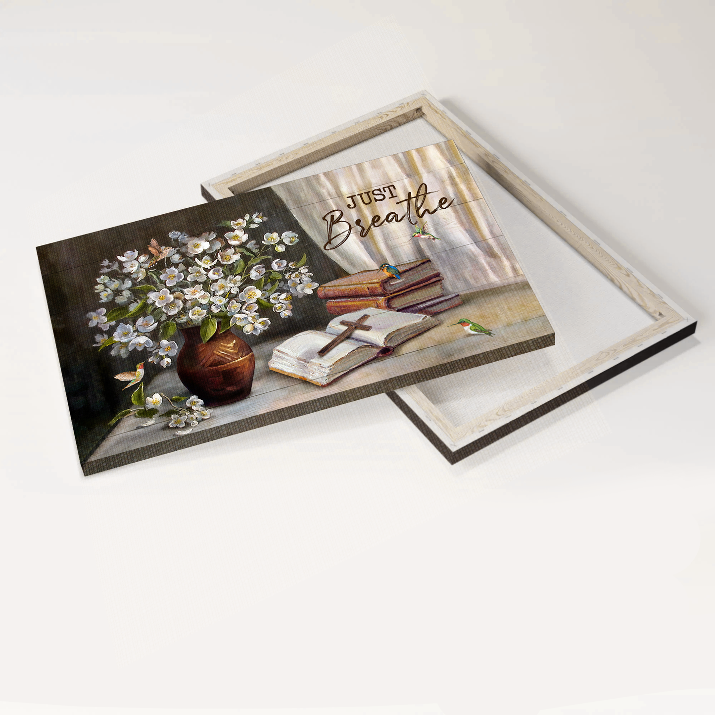 Jesus Landscape Canvas- Flower vase, Books, Cross, Just breathe canvas- Gift for Christian - Landscape Canvas Prints, Christian Wall Art