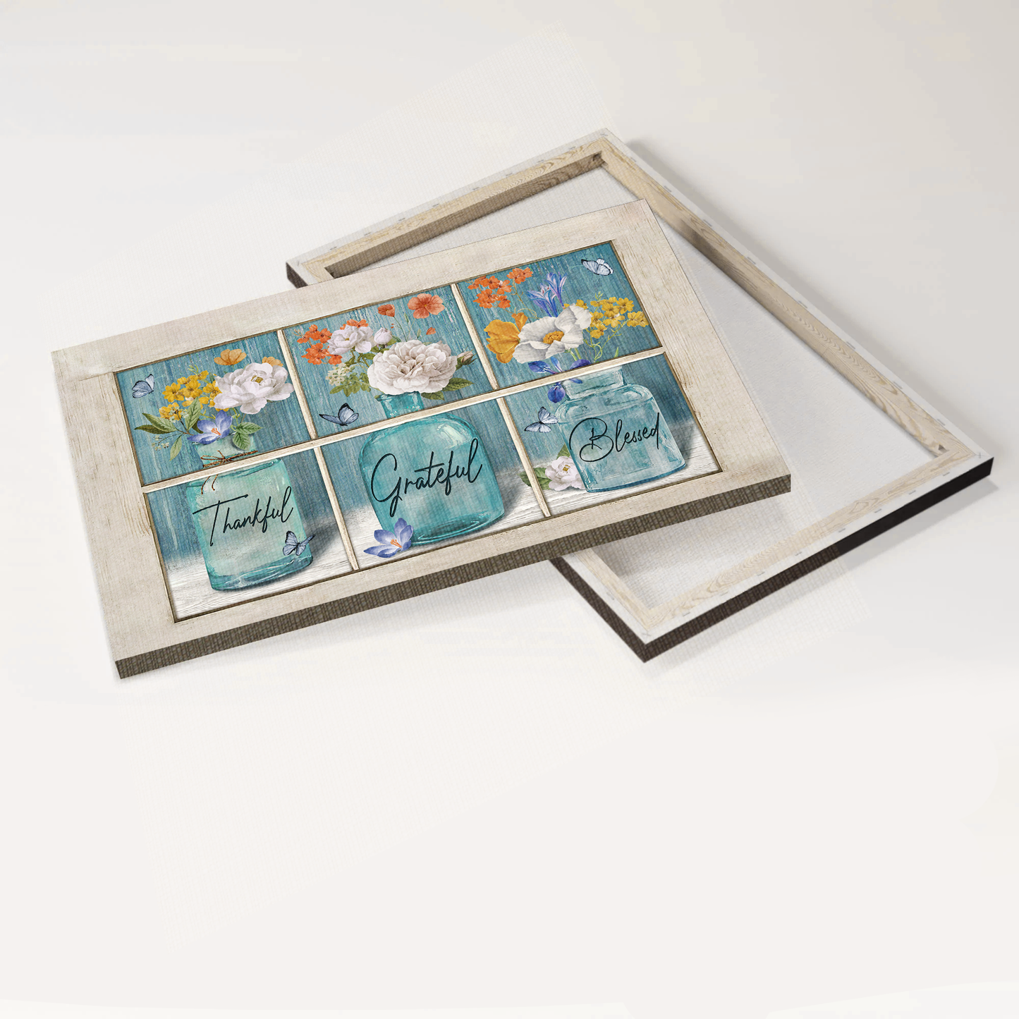 Jesus Landscape Canvas- Flower vases, Butterfly, Window frame canvas- Gift for Christian- Thankful, Grateful and Blessed -  Landscape Canvas Prints, Christian Wall Art