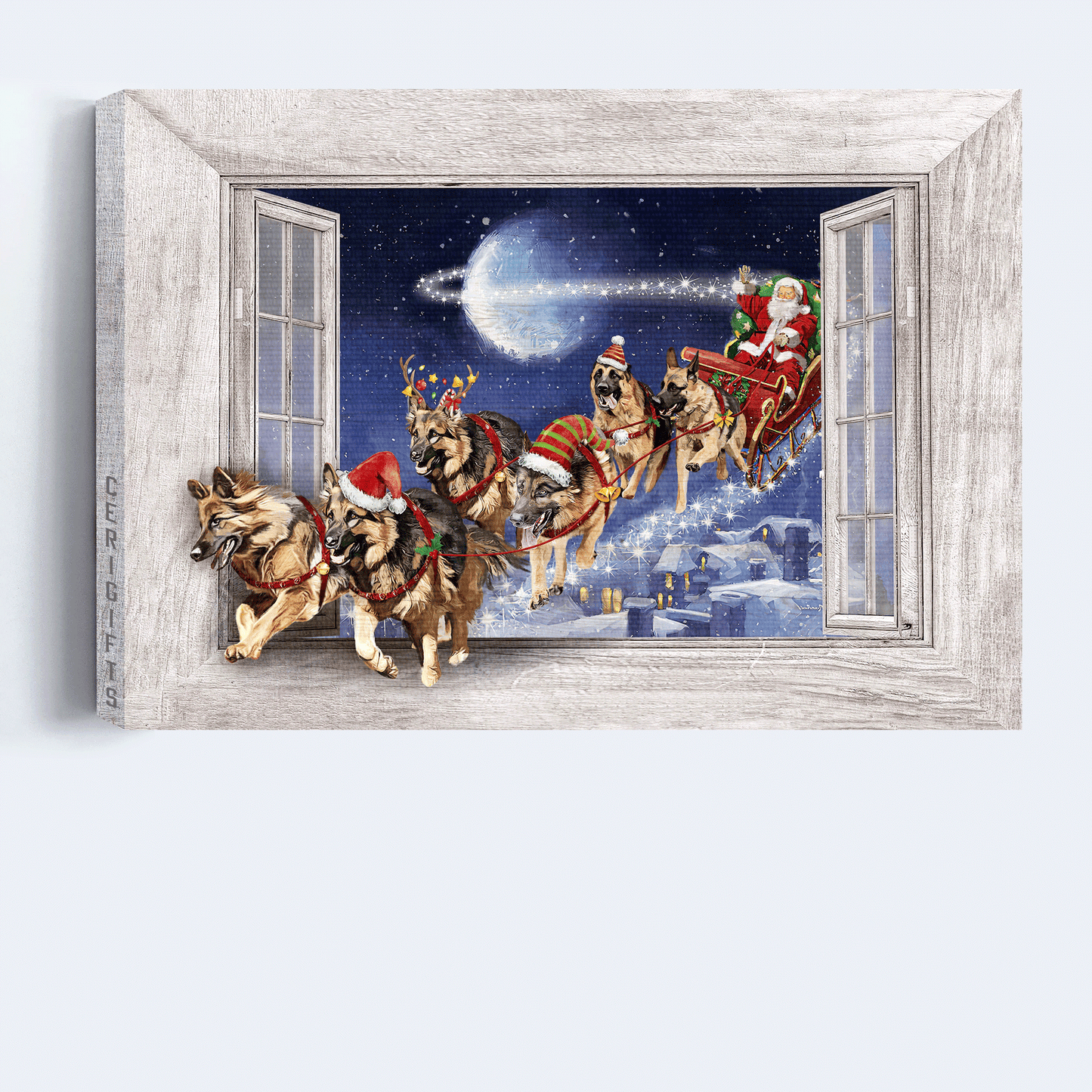 German shepherd Landscape Canvas- German shepherd drawing, Christmas painting, Santa Claus canvas- Gift for Dog lover - Landscape Canvas Prints, Wall Art