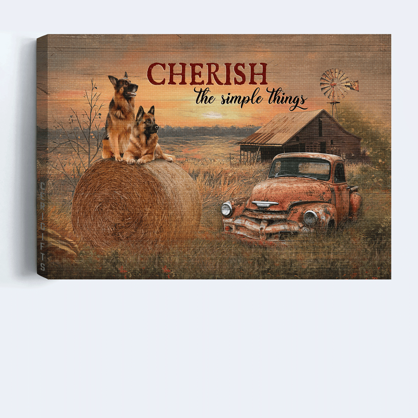 German Shepherd Landscape Canvas- German Shepherd, Red old car, Farm painting canvas- Gift for dog lover- Cherish the simple thing - Dog Landscape Canvas Prints, Wall Art