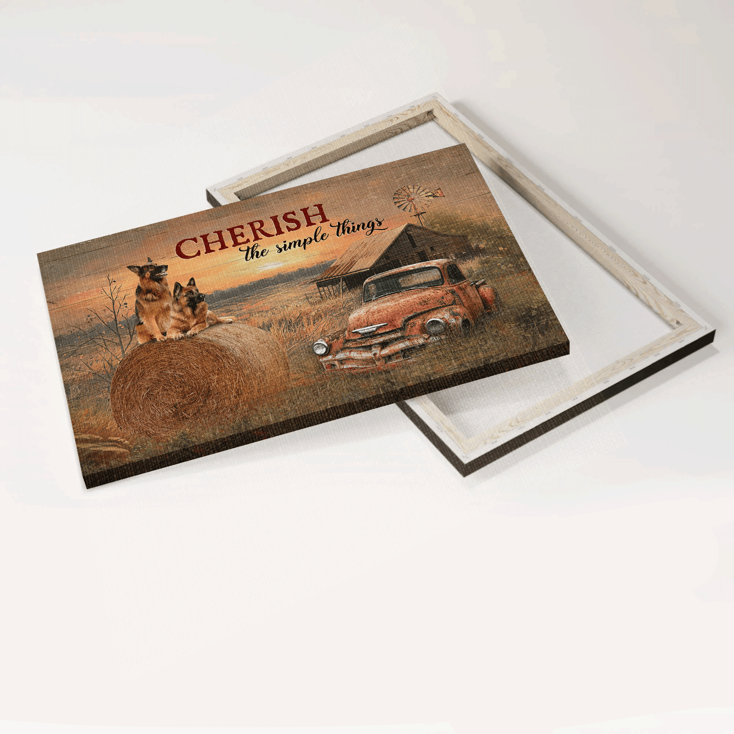 German Shepherd Landscape Canvas- German Shepherd, Red old car, Farm painting canvas- Gift for dog lover- Cherish the simple thing - Dog Landscape Canvas Prints, Wall Art