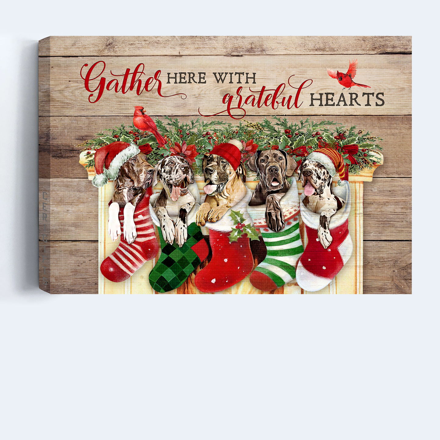 Great Dane Landscape Canvas- Great Dane, Christmas Sock, Cardinal - Gift for dog lover- Gather here with grateful hearts - Dog Christmas Landscape Canvas Prints, Wall Art
