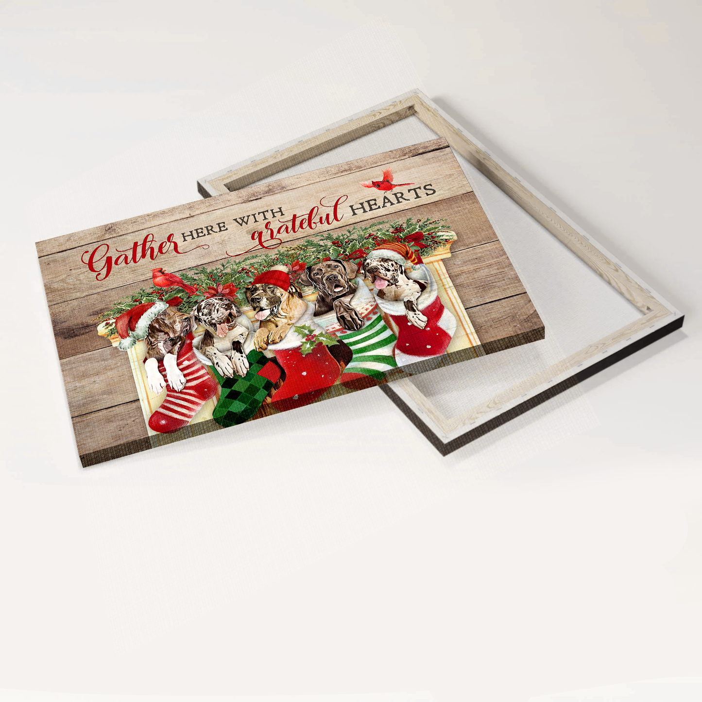 Great Dane Landscape Canvas- Great Dane, Christmas Sock, Cardinal - Gift for dog lover- Gather here with grateful hearts - Dog Christmas Landscape Canvas Prints, Wall Art