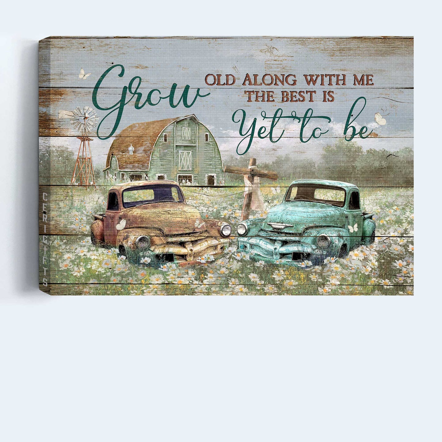 Jesus Landscape Canvas- Green house, Old ladybug car, Daisy field, Butterfly canvas- Gift for Christian- Grow old along with me - Landscape Canvas Prints, Wall Art