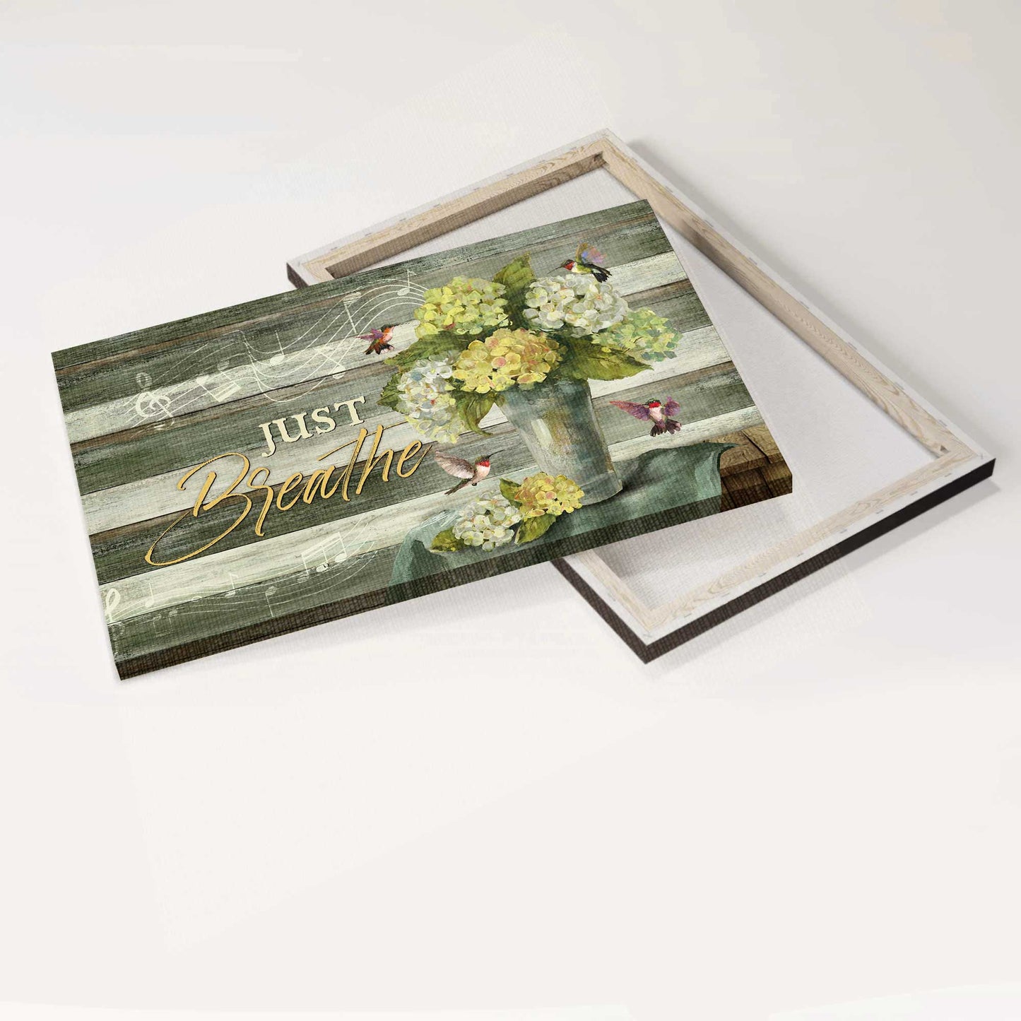 Jesus Landscape Canvas- Green hydrangeas, Music sheet, Colorful hummingbird, Just breathe canvas- Gift for Christian - Landscape Canvas Prints, Christian Wall Art