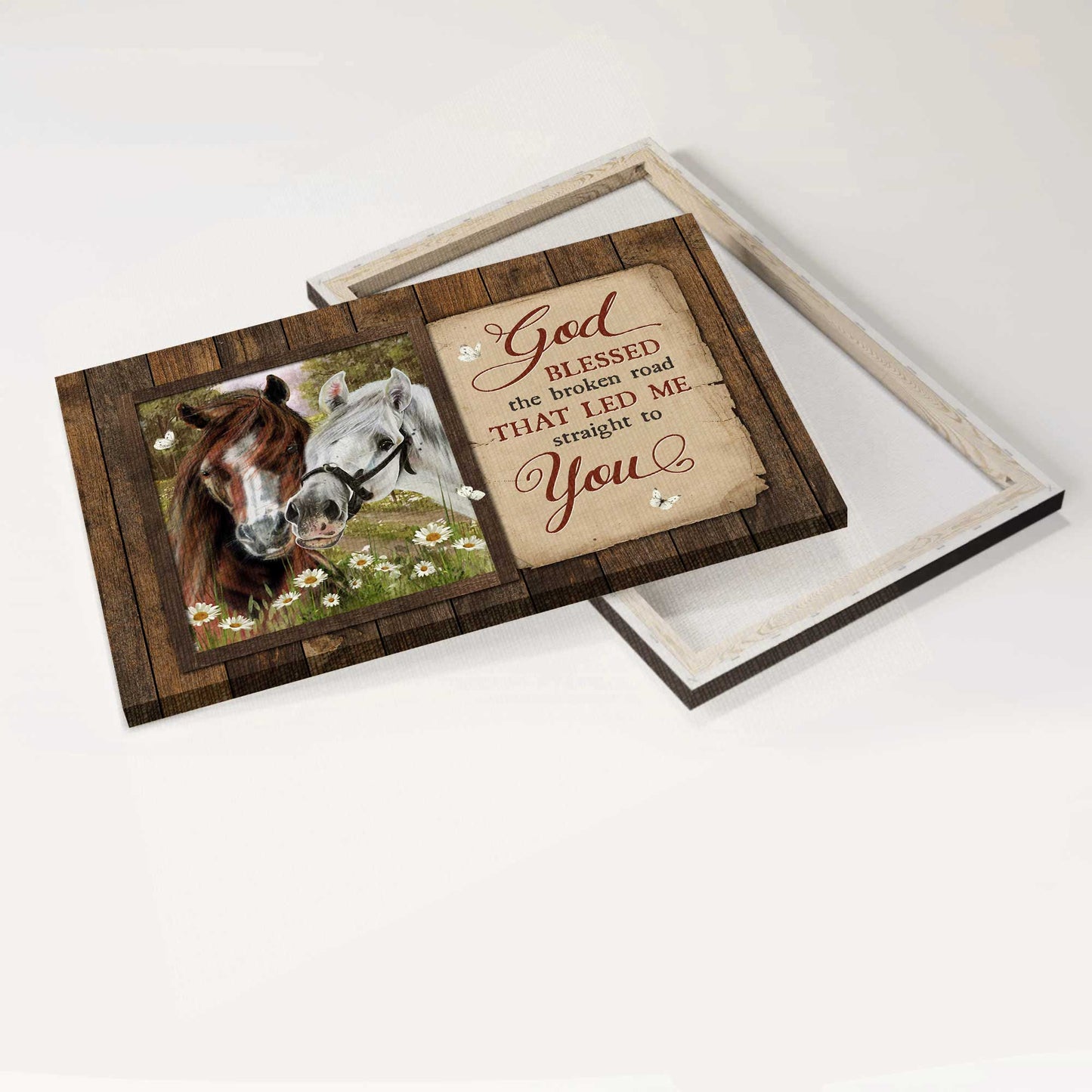 Jesus Landscape Canvas- Happy horses, Daisy garden, Pretty forest, White butterfly canvas - Gift for Christian- God blessed the broken road - Landscape Canvas Prints, Christian Wall Art