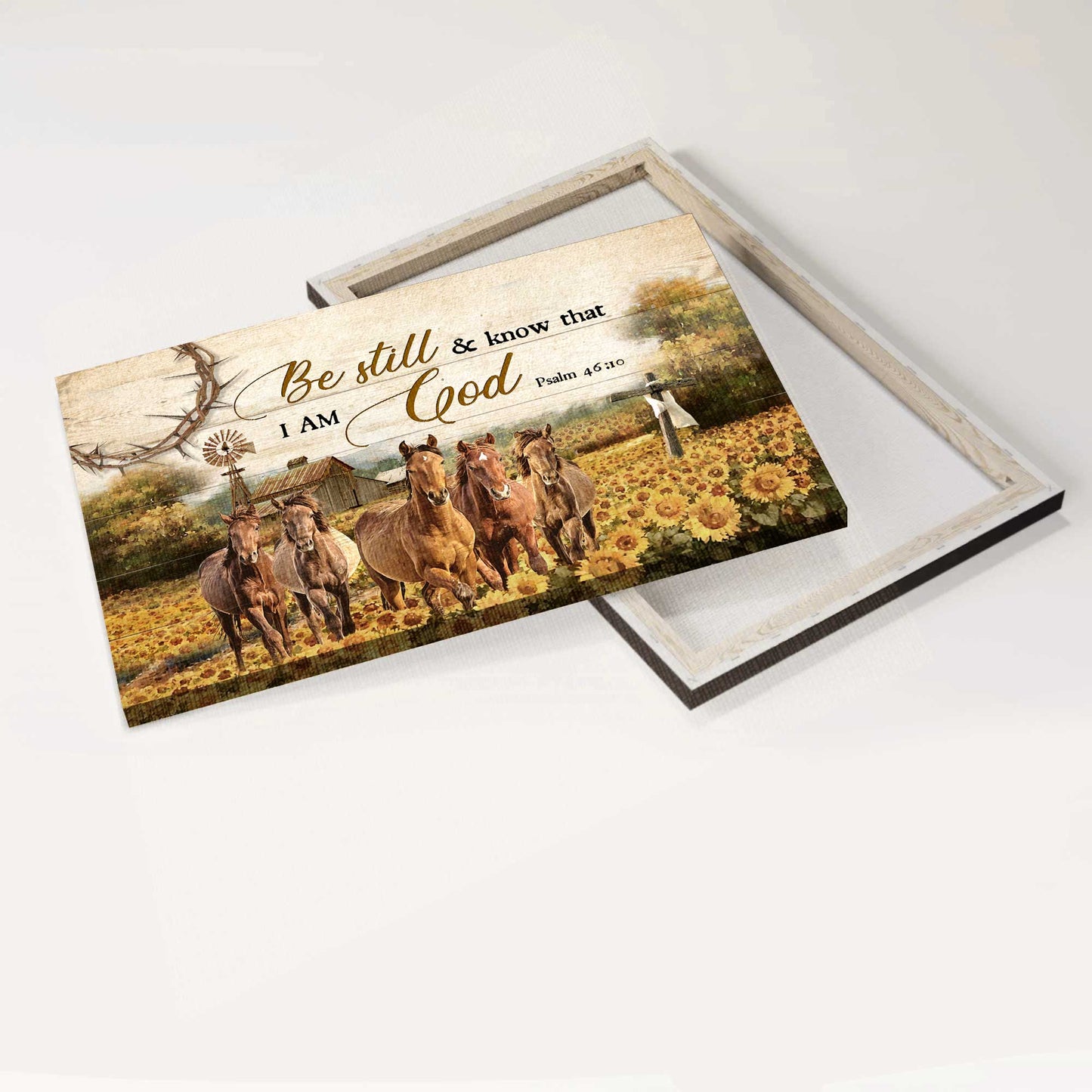 Jesus Landscape Canvas- Horse farm, Watercolor sunflower, Fall drawing, Wooden cross- Gift for Christian- Be still and know that I am God - Landscape Canvas Prints, Christian Wall Art