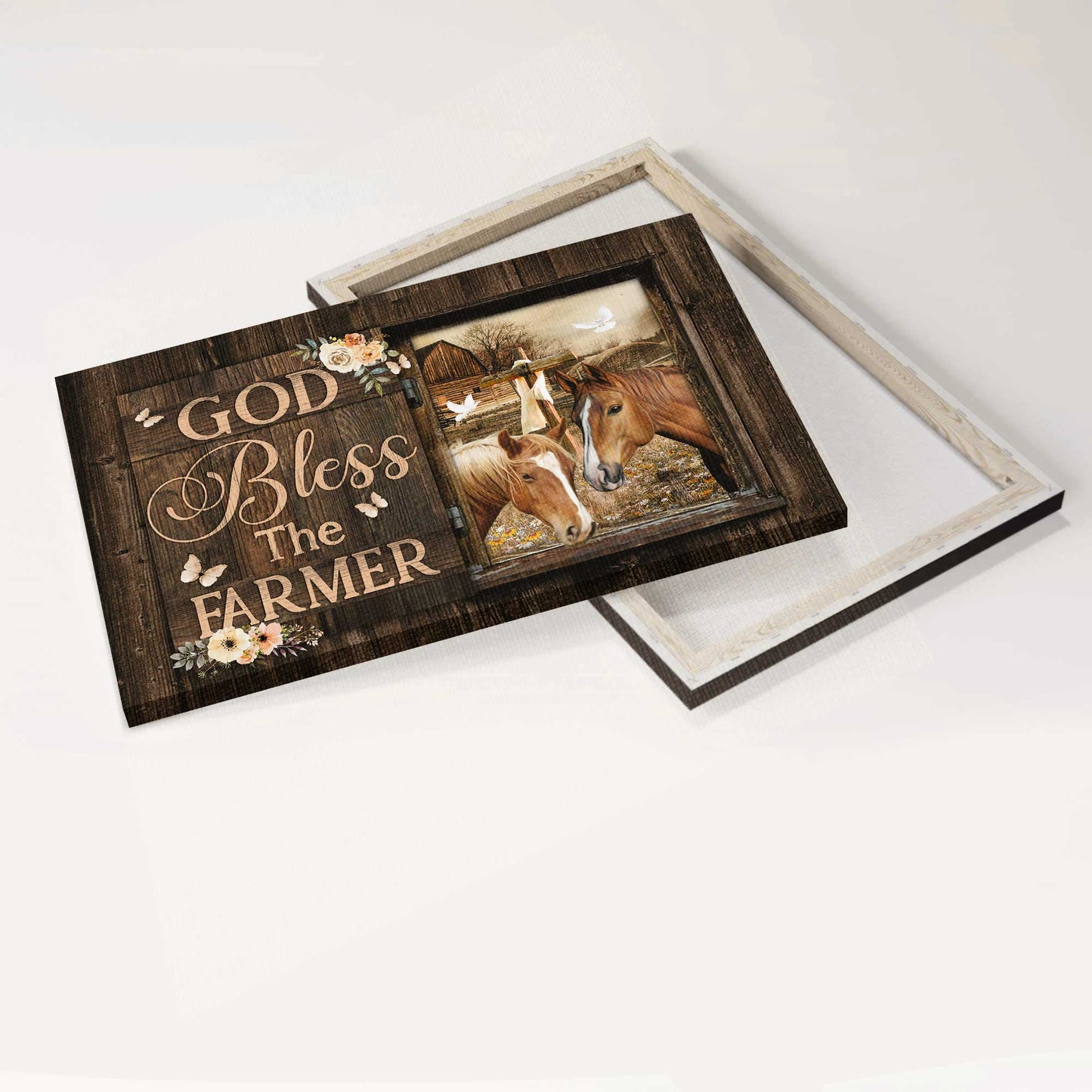 Jesus Landscape Canvas- Horse painting, Flower frame, White dove- Gift for Christian- God bless the farmer - Landscape Canvas Prints, Home Decor Wall Art