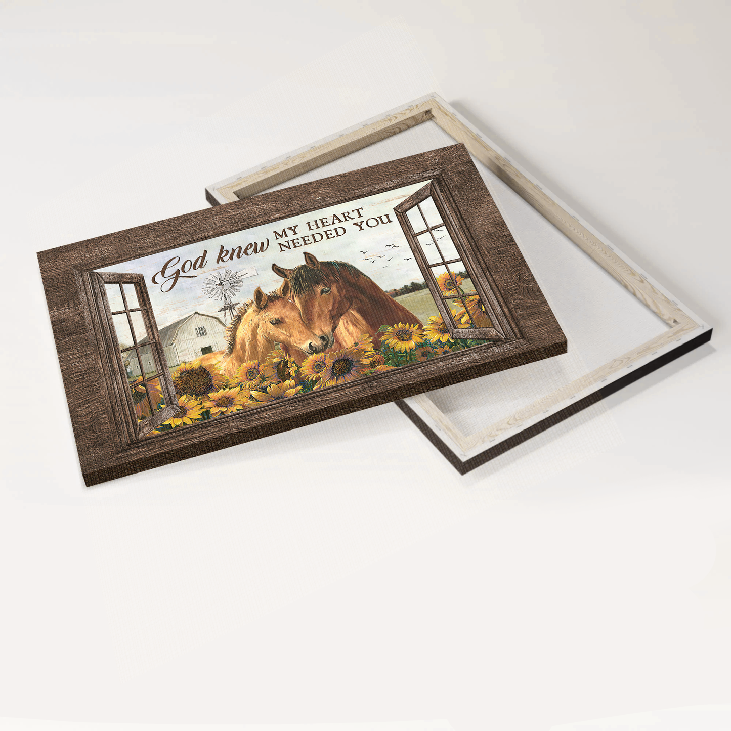 Jesus Landscape Canvas- Horses drawing, Sunflower painting, White house canvas- Gift for Christian-God knew my heart needed you - Landscape Canvas Prints, Christian Wall Art