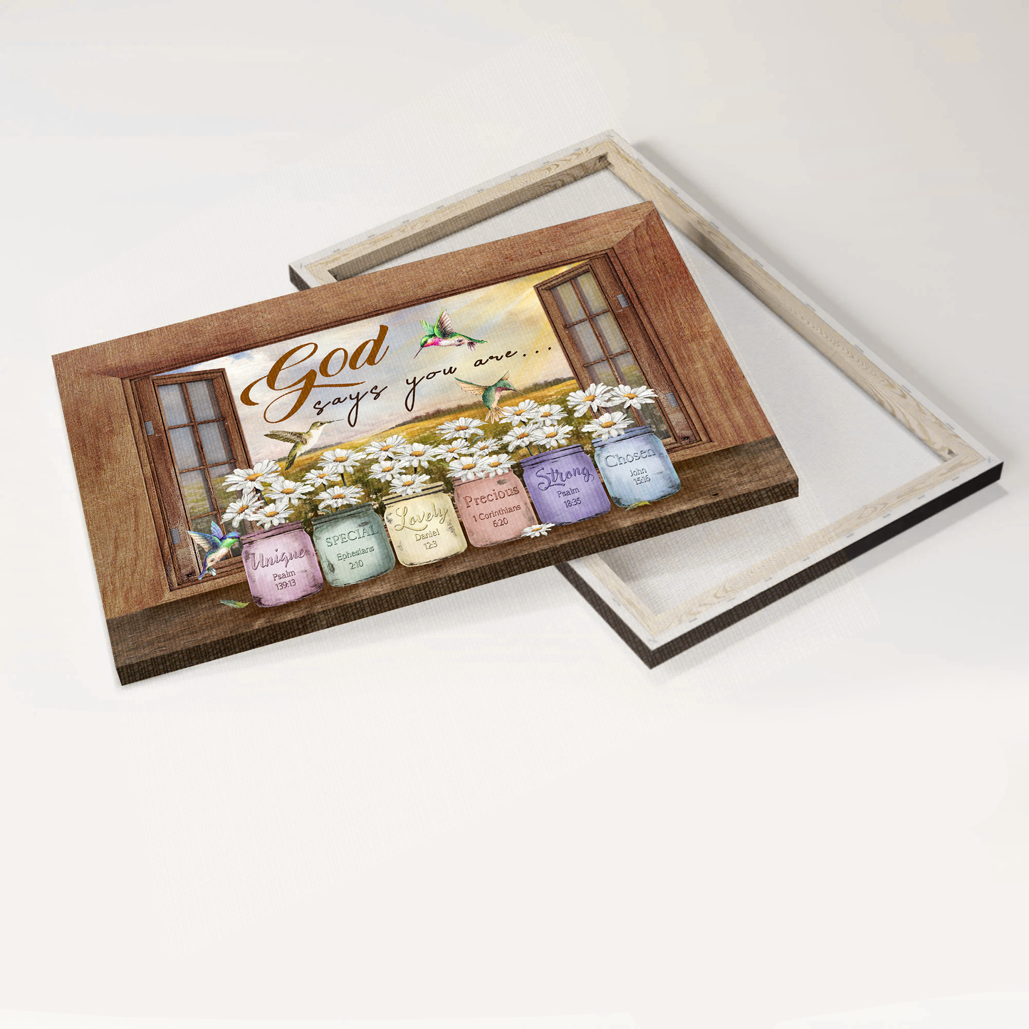 Jesus Landscape Canvas- Hummingbird, Daisy flower, Window frame,  God says you are canvas- Gift for Christian - Landscape Canvas Prints, Wall Art