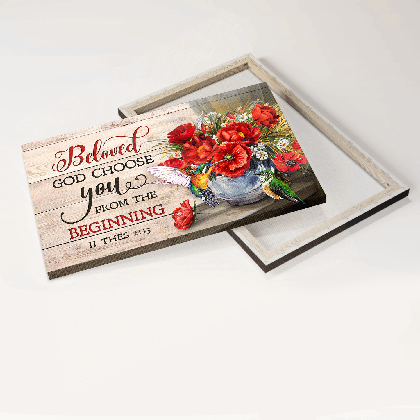 Jesus Landscape Canvas- Hummingbird, Poppy flower painting, Still art canvas- Gift for Christian- Beloved God choose you from the beginning -  Landscape Canvas Prints, Wall Art