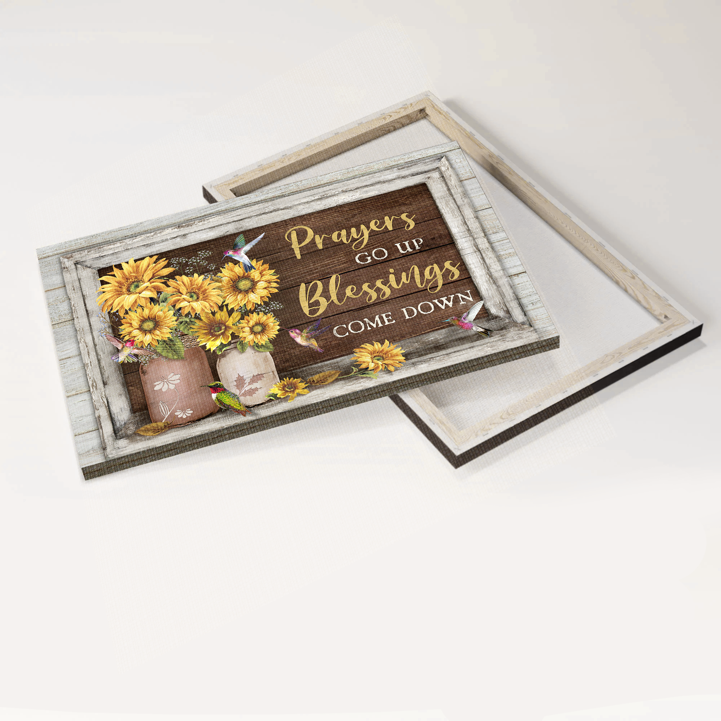 Jesus Landscape Canvas- Hummingbird, Sunflower vase canvas- Gift for Christian- Prayers go up Blessings come down - Landscape Canvas Prints, Wall Art