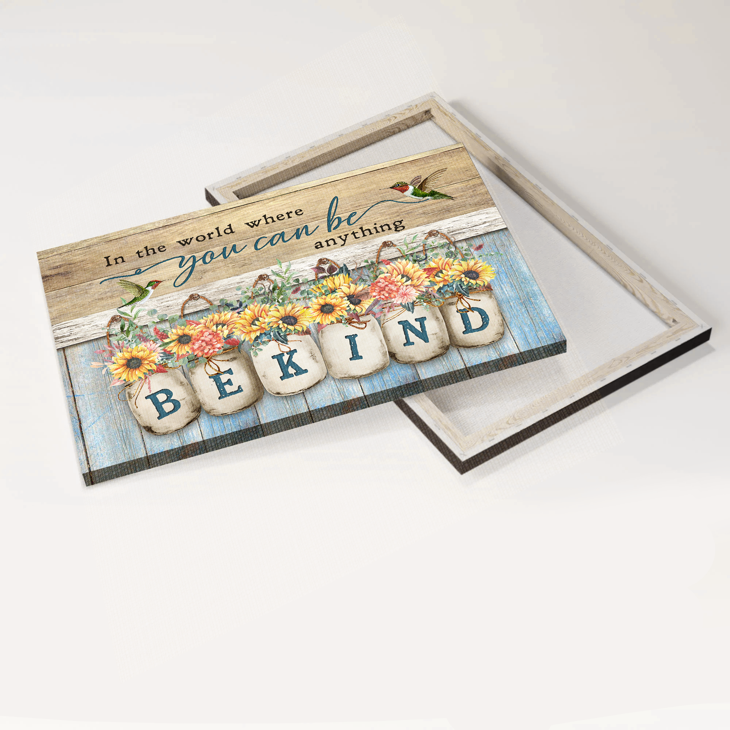 Jesus Landscape Canvas- Hummingbird, Vintage flower, Sunflower jar canvas- Gift for Christian- In the world where you can be anything, Be kind - Landscape Canvas Prints, Wall Art