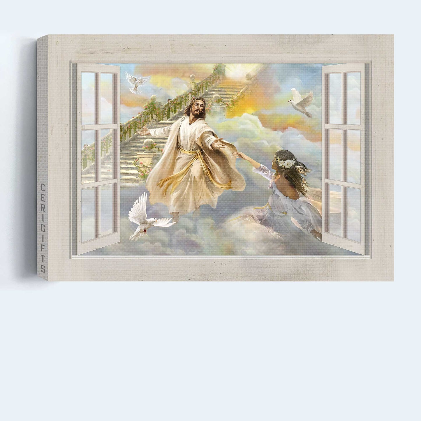 Jesus Landscape Canvas- Jesus painting, Beautiful girl, White dove, The way to heaven, Take my hand - Gift for Christian - Landscape Canvas Prints, Christian Wall Art