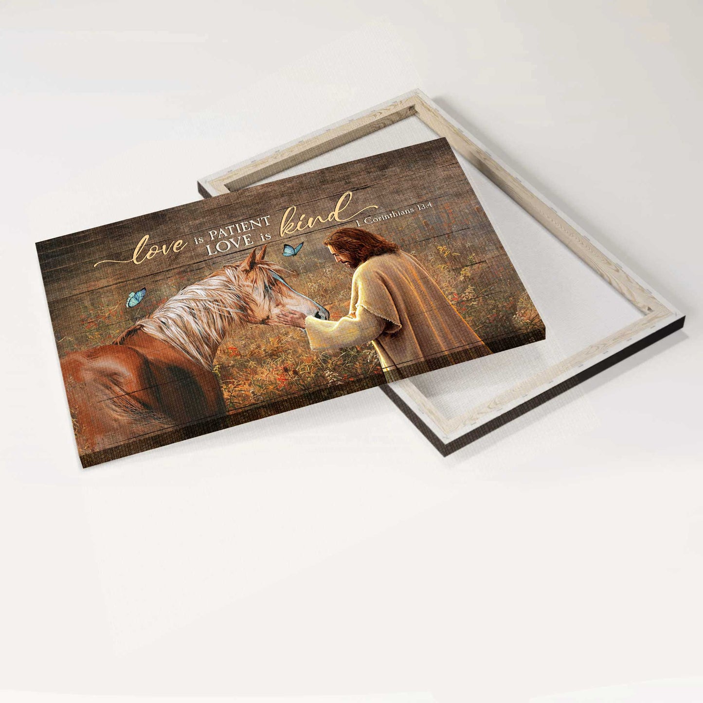 Jesus Landscape Canvas- Jesus painting, Brown horse drawing canvas- Gift for Christian- Love is patient love is kind - Landscape Canvas Prints, Wall Art