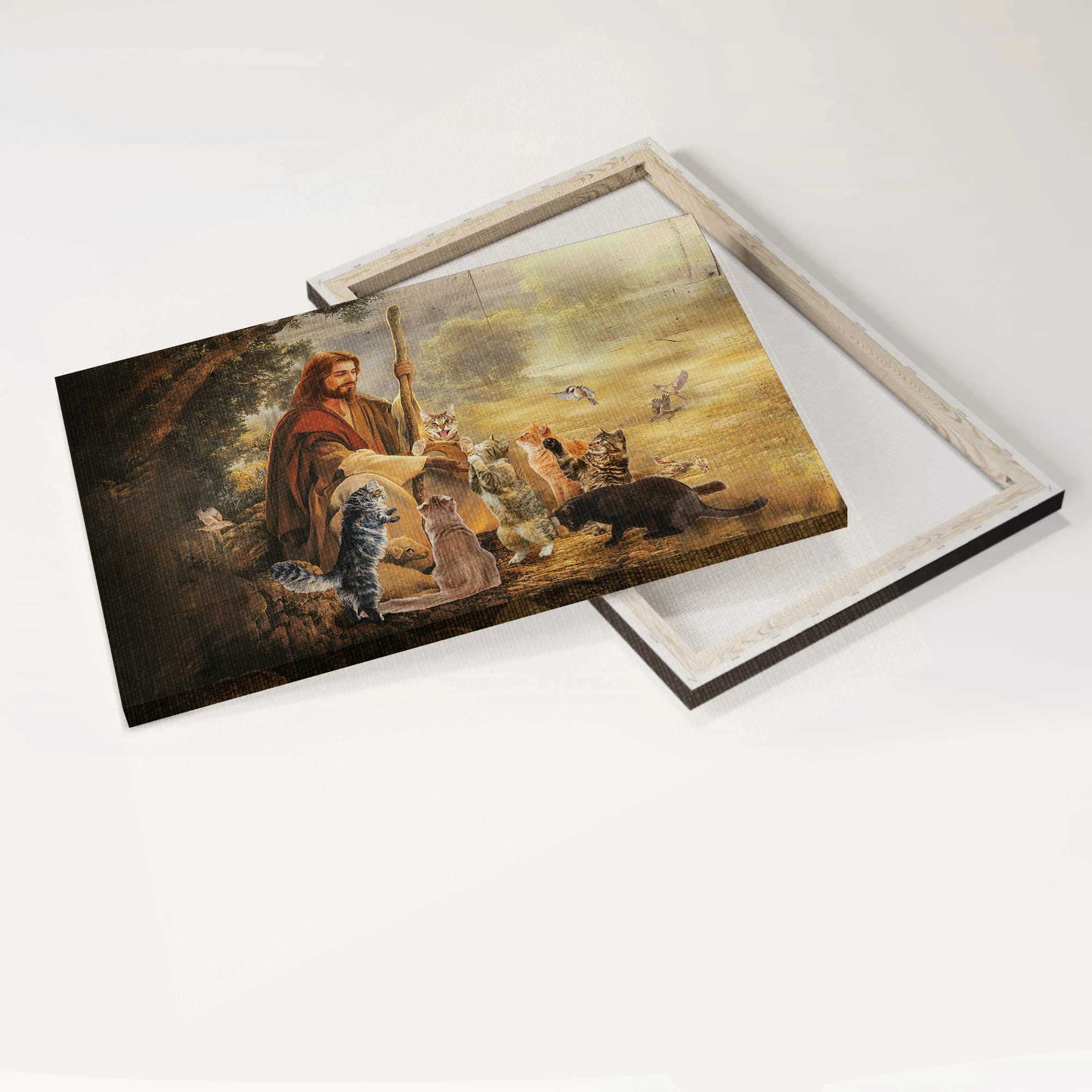 Jesus Landscape Canvas- Jesus painting, Cats drawing, A peaceful day with cats- Gift for Christian -  Landscape Canvas Prints, Christian Wall Art
