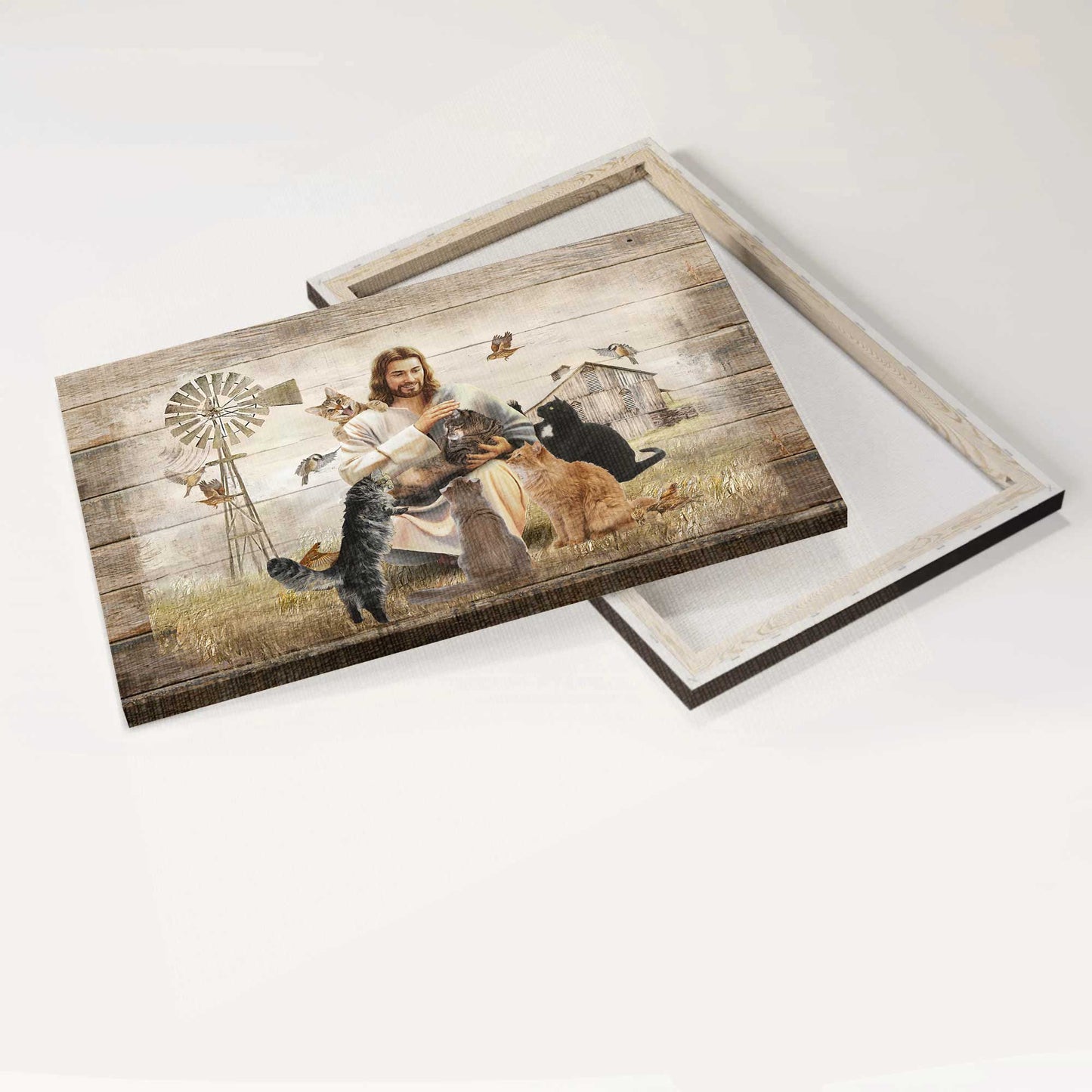 Jesus Landscape Canvas- Jesus Painting, Cats, Tranquil farm - Gift for Christian - Landscape Canvas Prints, Wall Art