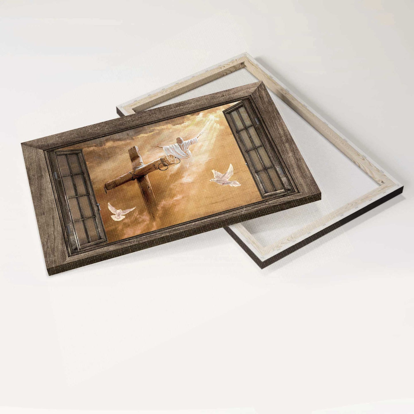 Jesus Landscape Canvas- Jesus painting, Heaven's light, The rugged cross, Window frame canvas- Gift for Christian - Landscape Canvas Prints, Christian Wall Art