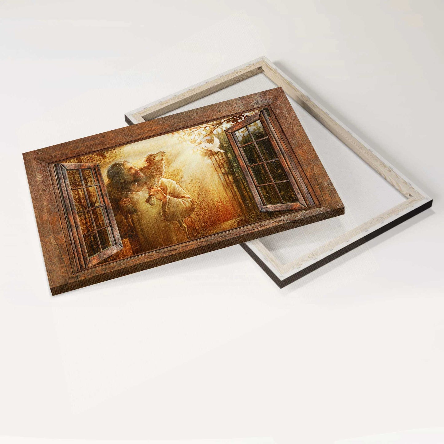 Jesus Landscape Canvas- Jesus painting, Jesus, the lamb and the dove, Window frame canvas- Gift for Christian - Landscape Canvas Prints, Christian Wall Art