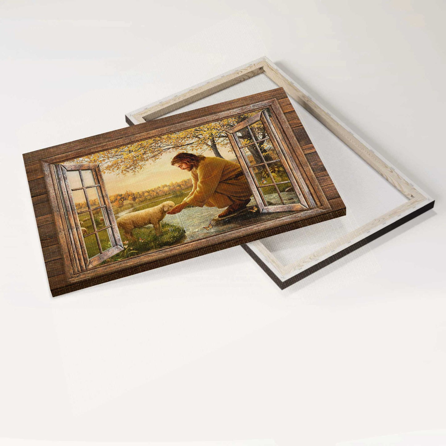 Jesus Landscape Canvas- Jesus painting, Lamb of God, Meadow landscape, Jesus and the lamb by the river- Gift for Christian -  Landscape Canvas Prints, Christian Wall Art