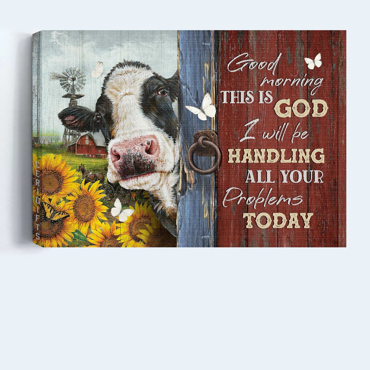 Jesus Landscape Canvas- Amazing Dairy Cow, Sunflower Garden, White Butterfly Canvas- Gift For Christian- Good Morning, This Is God