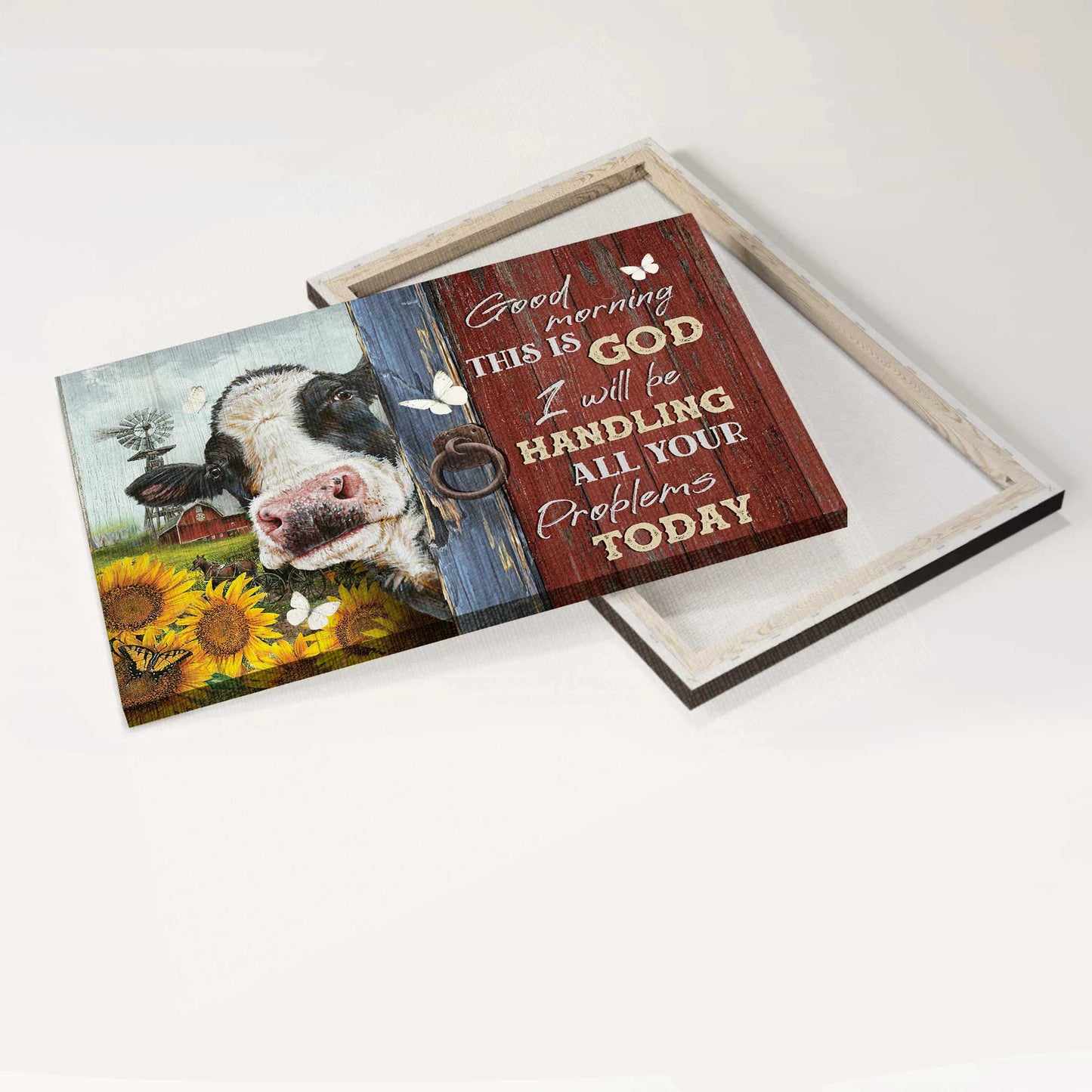 Jesus Landscape Canvas- Amazing Dairy Cow, Sunflower Garden, White Butterfly Canvas- Gift For Christian- Good Morning, This Is God