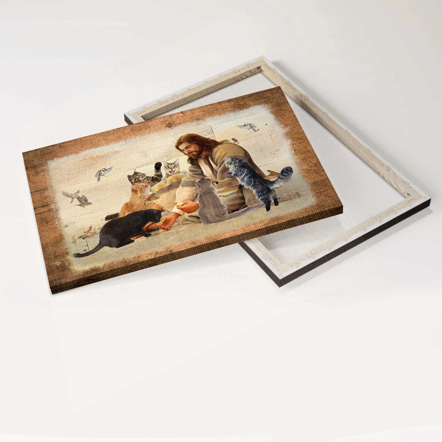 Jesus Landscape Canvas- Jesus painting, Playing with cats, Hummingbird painting- Gift for Christian - Landscape Canvas Prints, Wall Art