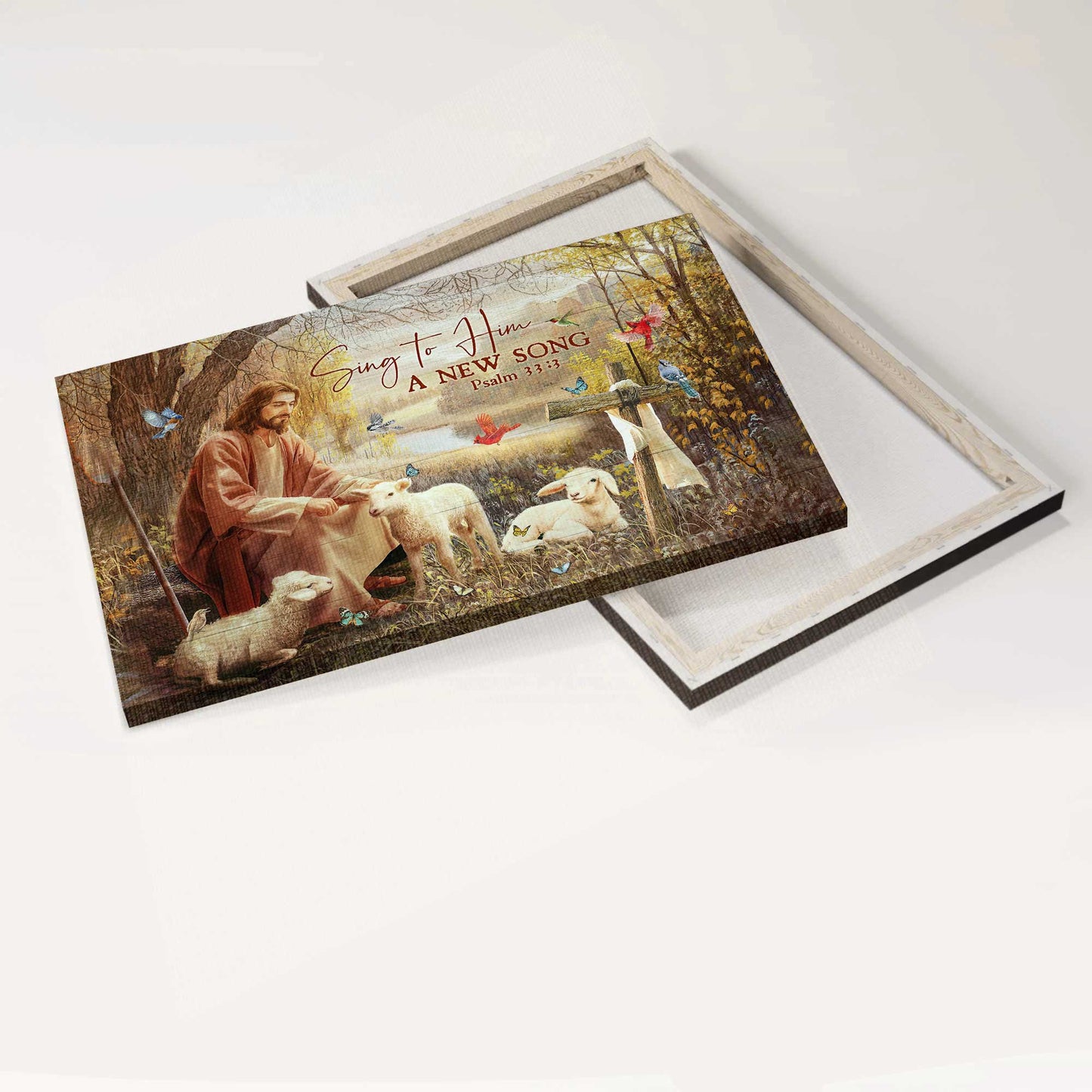 Jesus Landscape Canvas- Jesus painting, White sheep, Under the tree with Jesus, Cardinal- Gift for Christian - Sing to Him a new song - Landscape Canvas Prints, Christian Wall Art