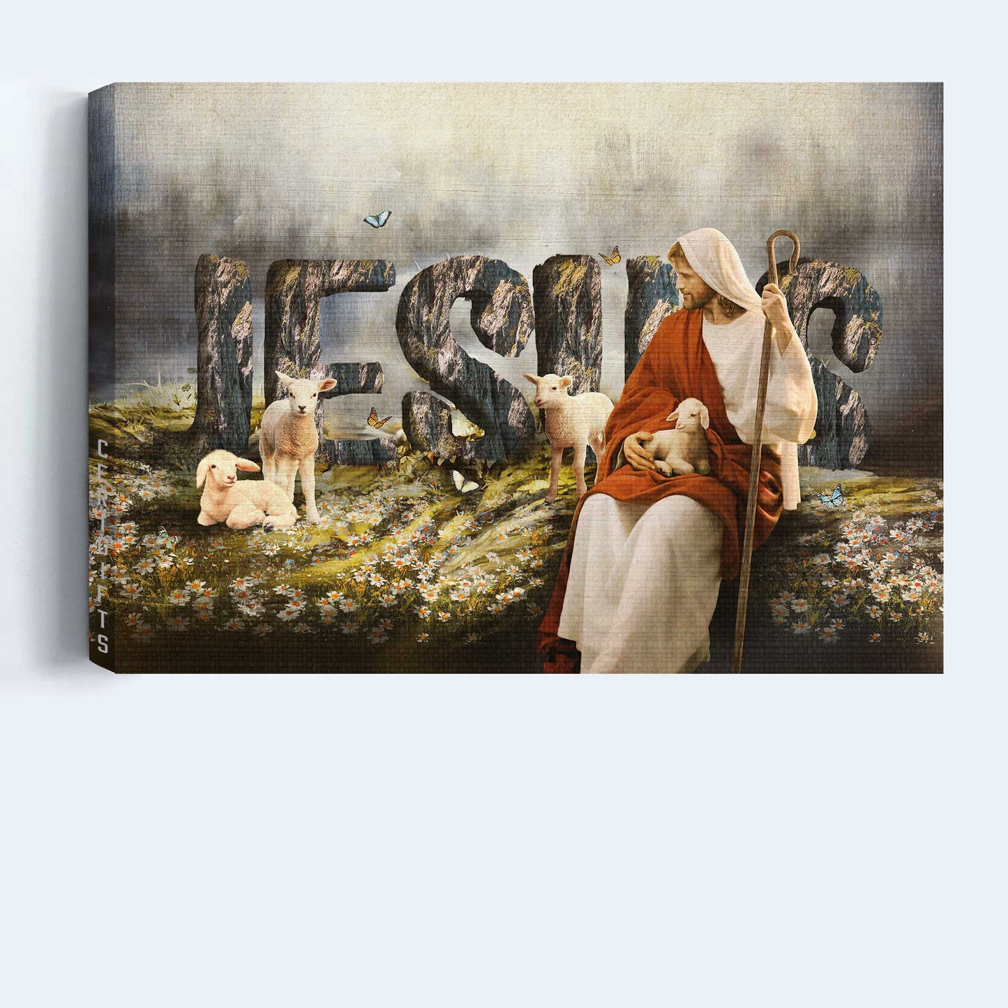 Jesus Landscape Canvas- Amazing Daisy Field, White Lamb, Jesus Drawing Landscape Canvas- Gift For Christian