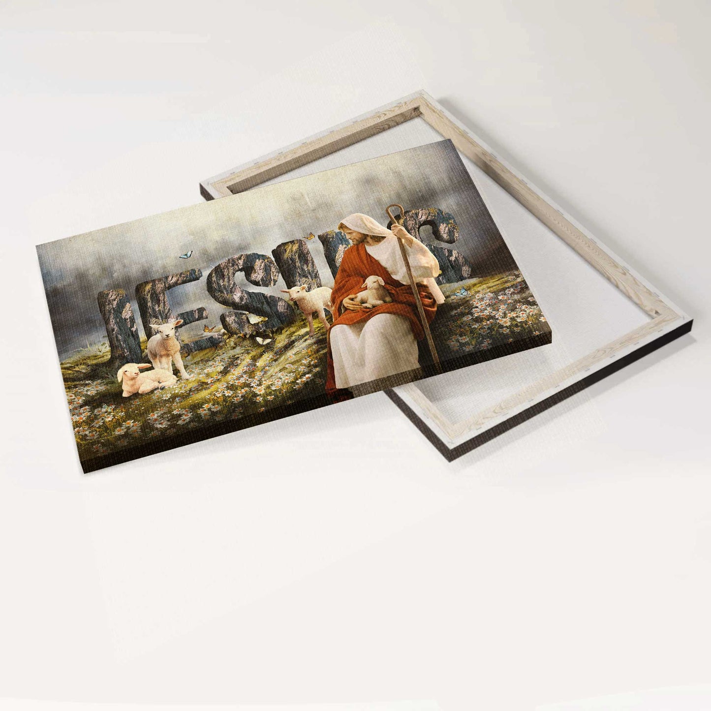 Jesus Landscape Canvas- Amazing Daisy Field, White Lamb, Jesus Drawing Landscape Canvas- Gift For Christian