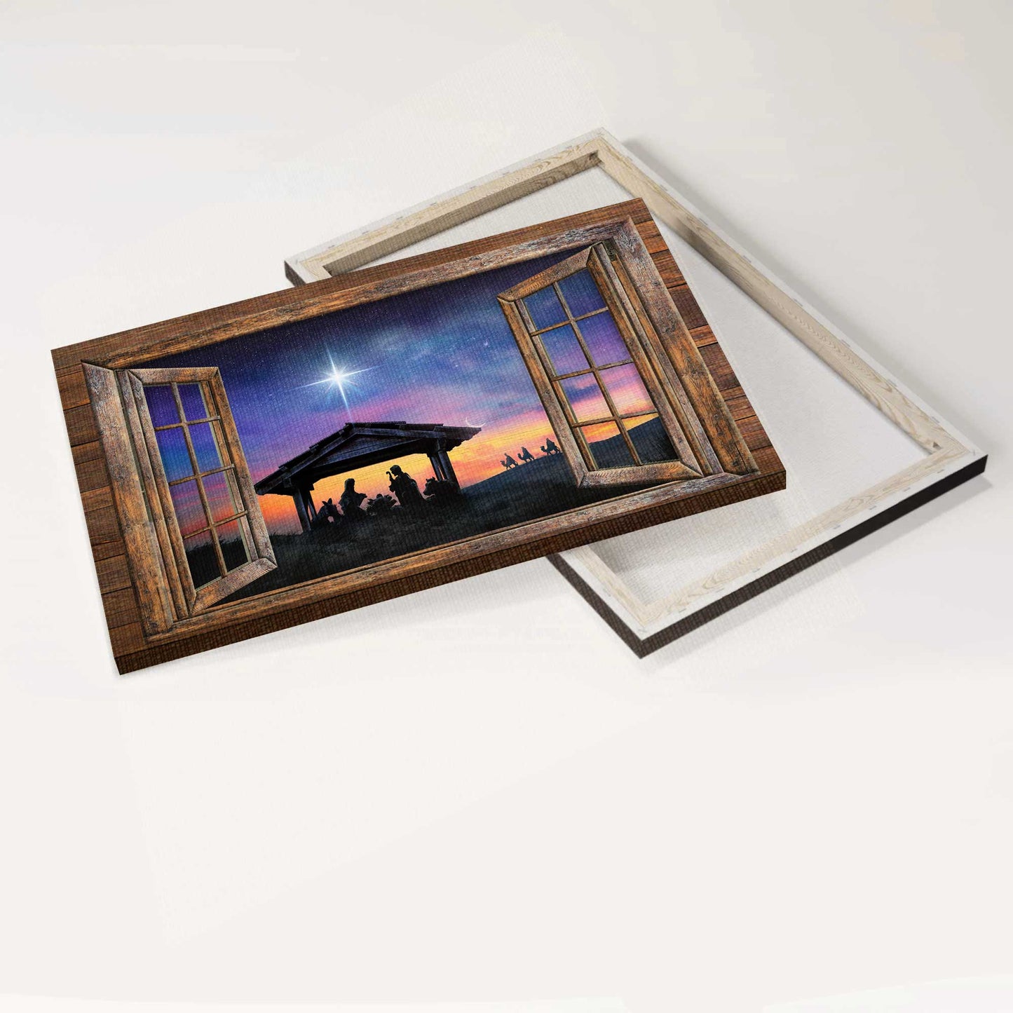 Jesus Landscape Canvas- Jesus painting, Wooden window, Beautiful halo night- Gift for Christian - Landscape Canvas Prints, Wall Art