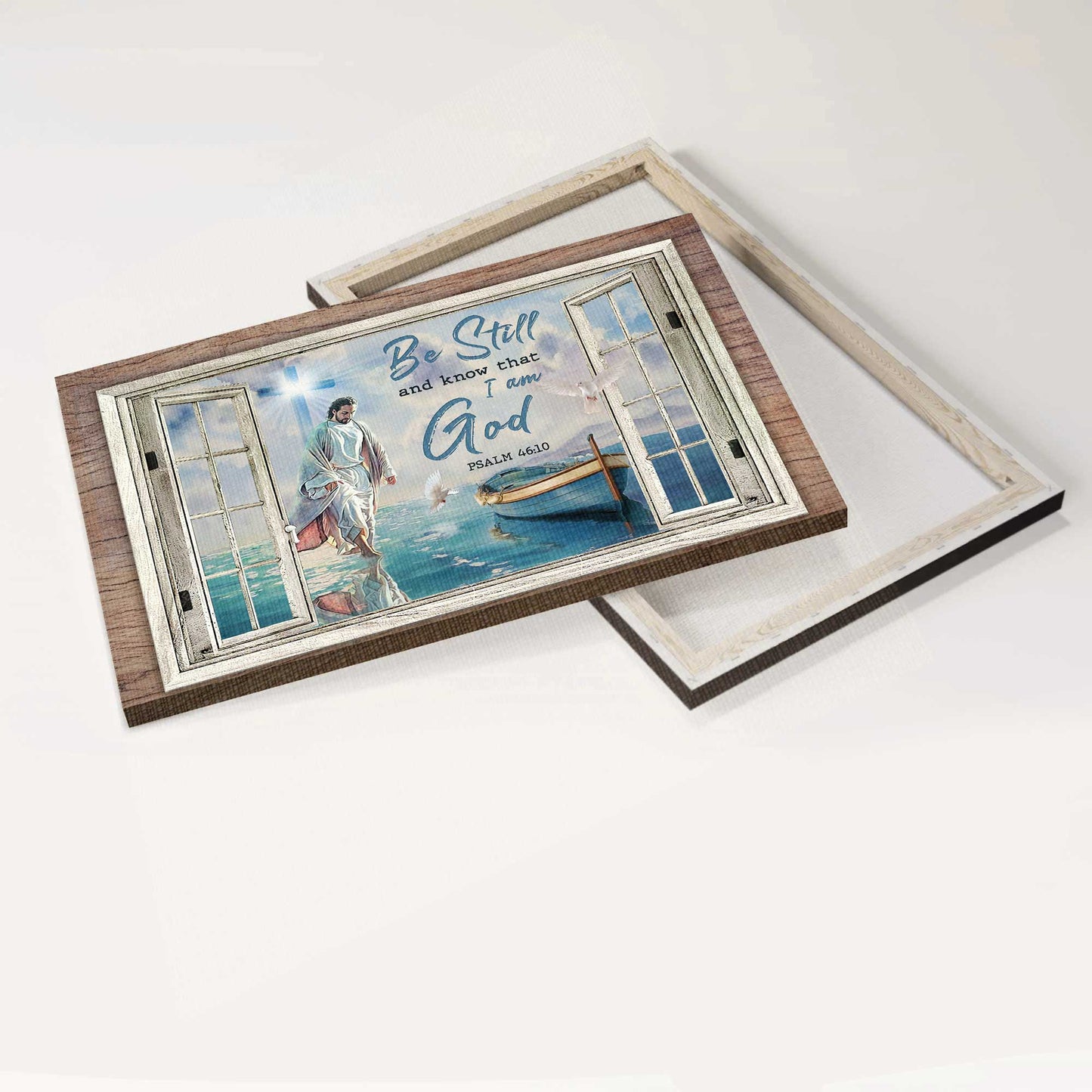 Jesus Landscape Canvas- Jesus walking on the water, Light cross, Window Frame- Gift for Christian- Be still and know that I am God - Landscape Canvas Prints, Wall Art