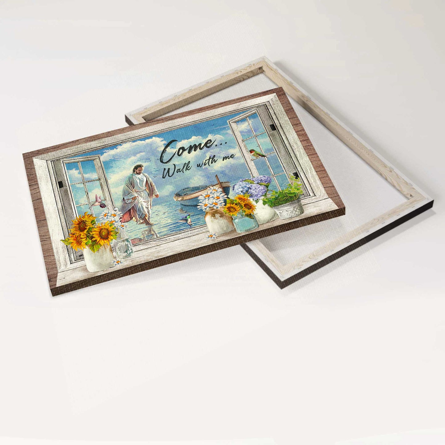 Jesus Landscape Canvas- Jesus walking on water, Beautiful window painting, Come walk with me , Sunflower, Daisy painting, Hummingbird- Gift for Christian- Landscape Canvas Prints, Wall Art
