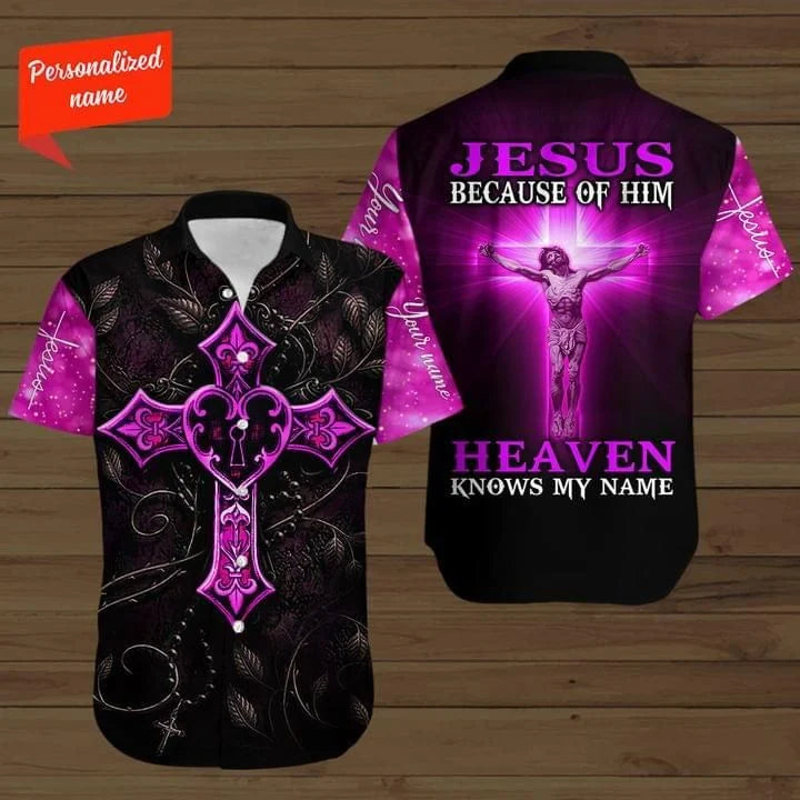 Personalized Jesus Baseball Jersey - Pink Cross Baseball Jersey - Gift For Christians - Because Of Him Heaven Knows My Name Custom Baseball Jersey