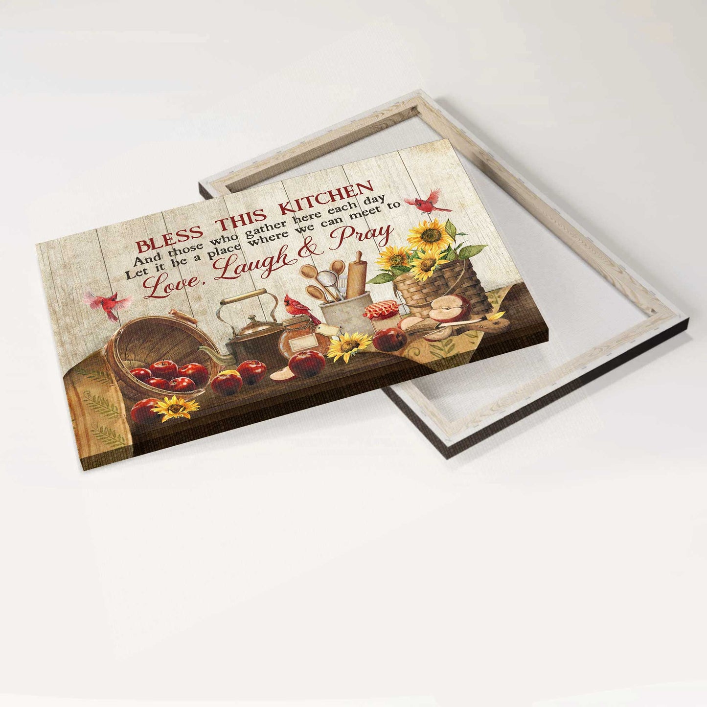 Jesus Landscape Canvas- Kitchen painting, Apple drawing, Sunflower, Red cardinal- Gift for Christian- Bless this kitchen - Landscape Canvas Prints, Christian Wall Art