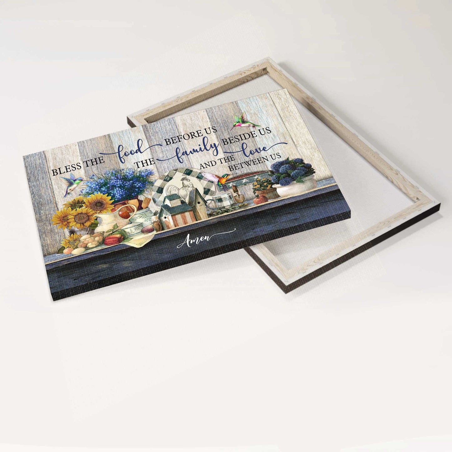 Jesus Landscape Canvas- Kitchen painting, Blue flower, Hummingbird - Gift for Christian- Bless the food before us & the love between us - Landscape Canvas Prints, Wall Art