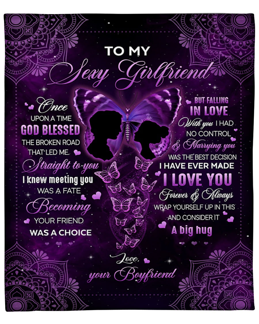 To My Girlfriend Once Upon A Time God Blessed Purple Mandala Butterfly Valentine Blanket, Gift From Boyfriend, Gift For Girlfriend, Best Gift Ideas For Girlfriend