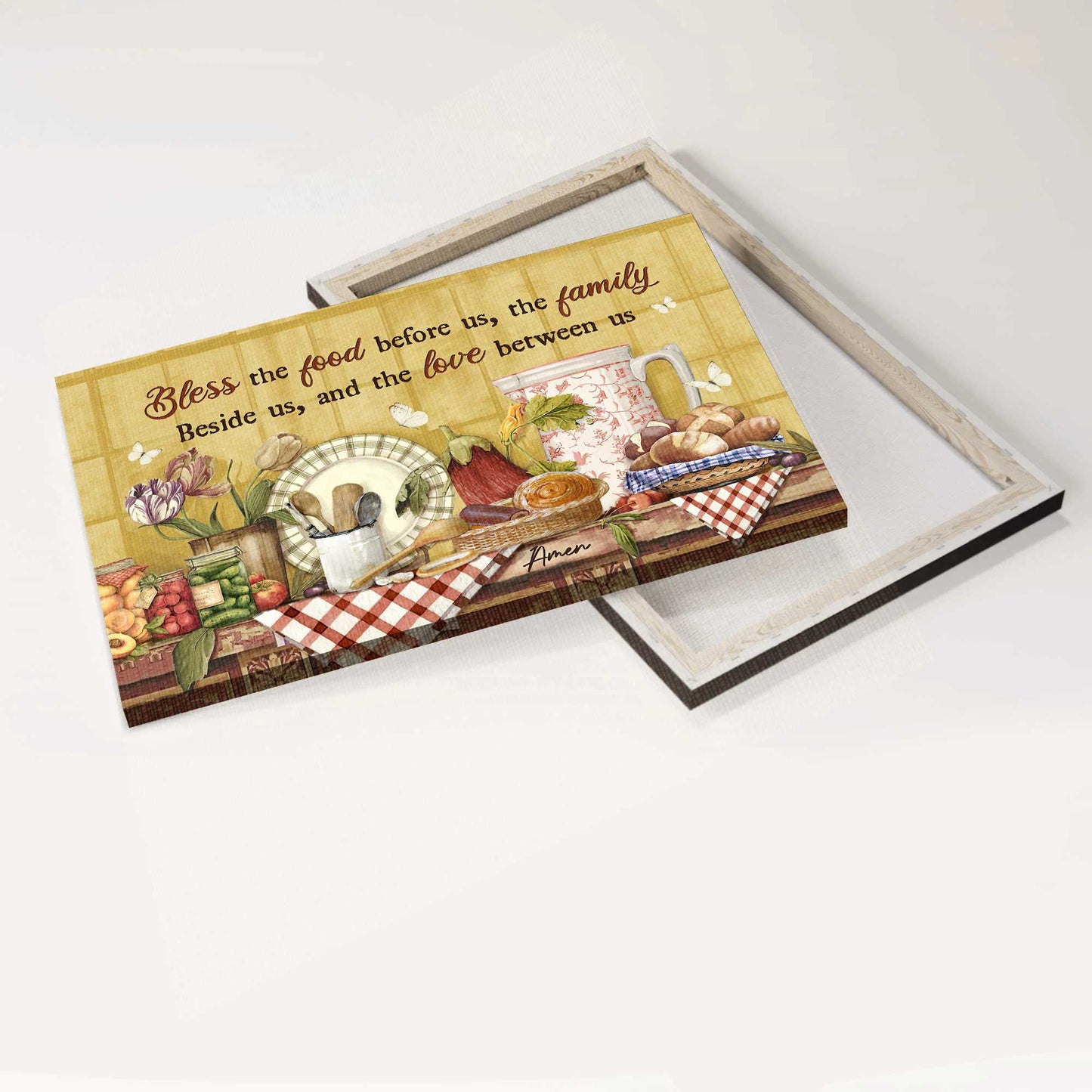 Jesus Landscape Canvas- Kitchen tools, Crusty bread, Pickled vegetables, White butterfly- Gift for Christian- Bless the food -  Landscape Canvas Prints, Christian Wall Art