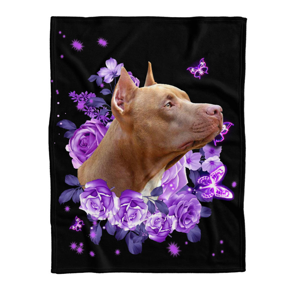 Gift For Couple Blanket - Pitbull Dog Purple Flower Valentines Day Gift Fleece Blanket - Quilt Blanket