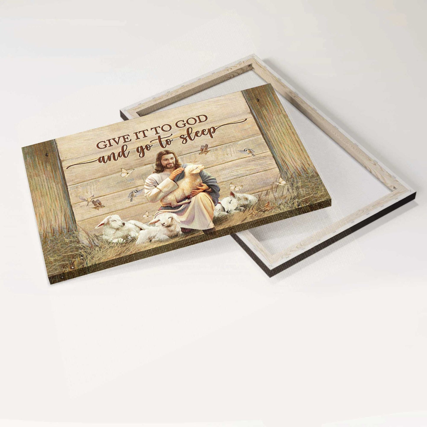 Jesus Landscape Canvas- Lambs, Butterfly, Hummingbird- Gift for Christian- Give it to God and go to sleep - Landscape Canvas Prints, Wall Art