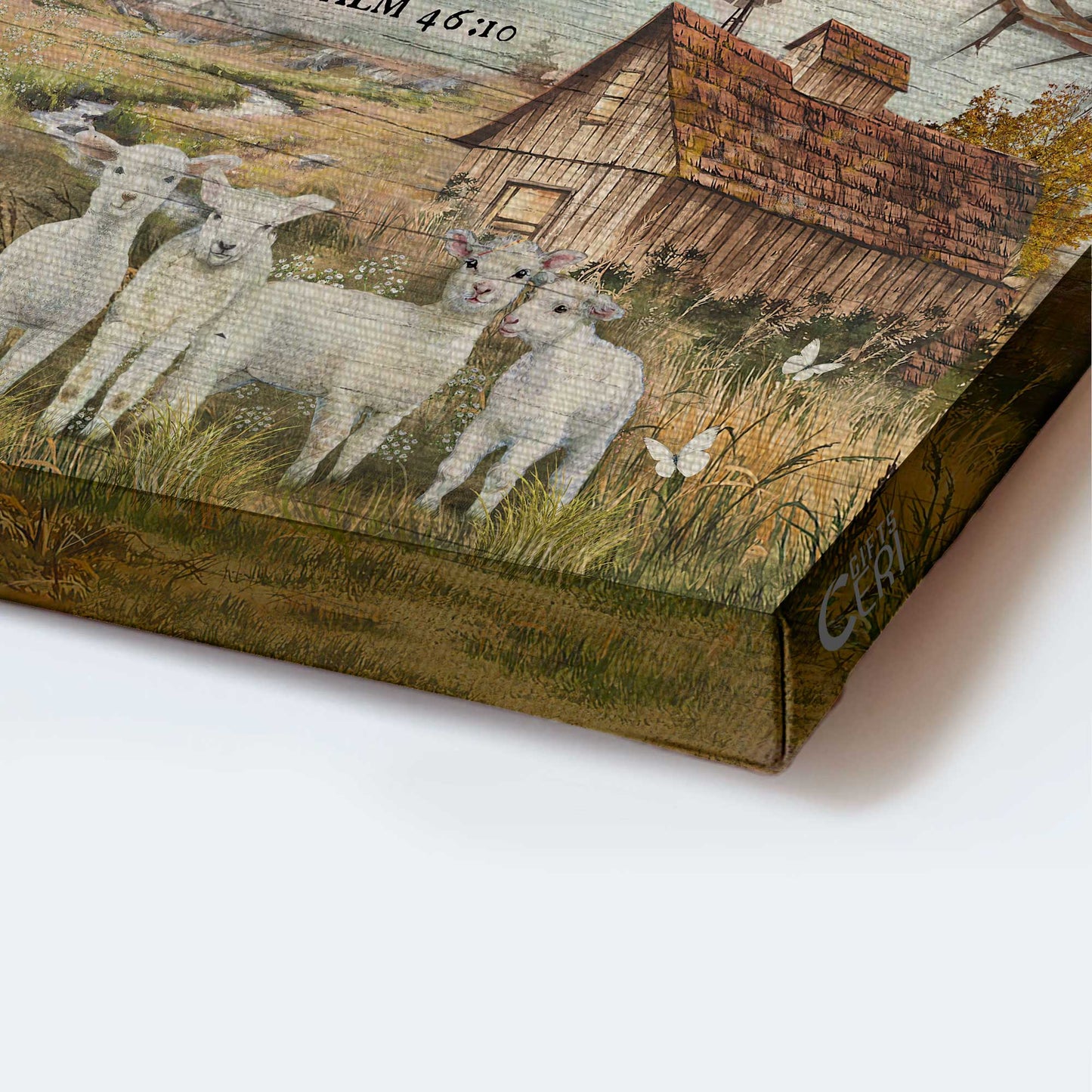 Jesus Landscape Canvas- Lambs painting, Old farmhouse, Countryside, White butterfly- Be still and know that I am God - Landscape Canvas Prints, Wall Art