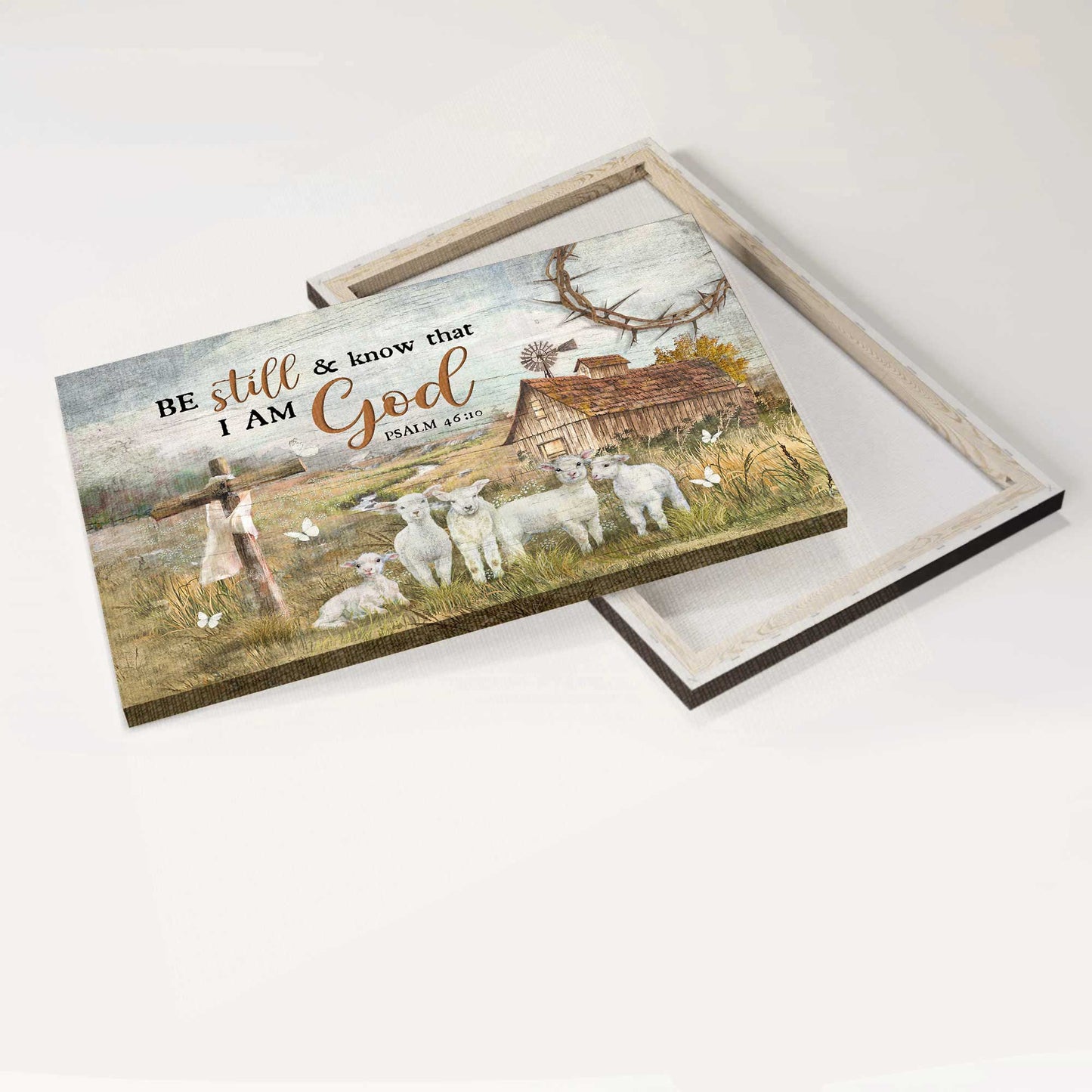 Jesus Landscape Canvas- Lambs painting, Old farmhouse, Countryside, White butterfly- Be still and know that I am God - Landscape Canvas Prints, Wall Art