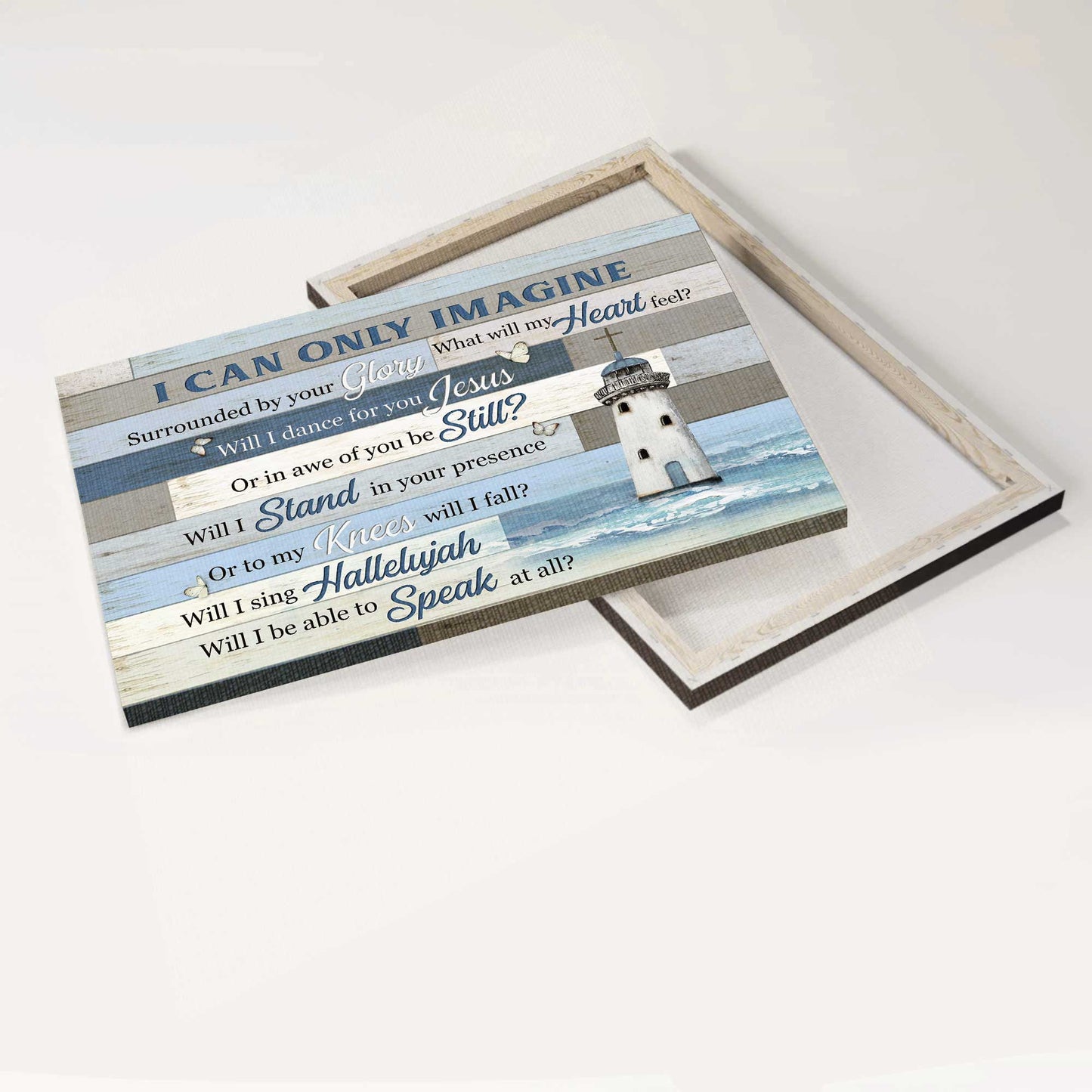 Jesus Landscape Canvas- Lighthouse drawing, Blue ocean, White butterfly canvas- Gift for Christian- I can only imagine - Landscape Canvas Prints, Wall Art