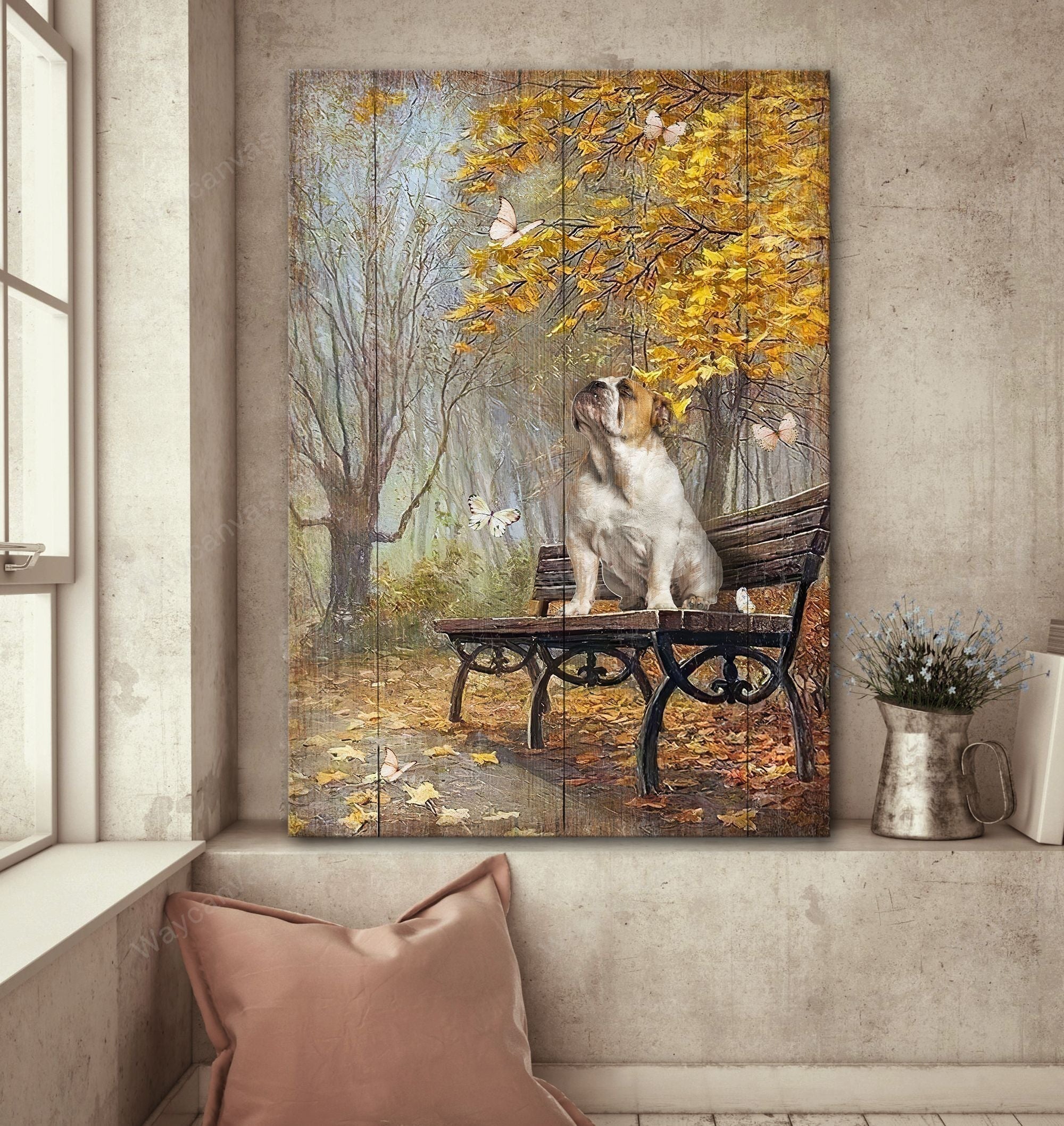 English Bulldog Portrait Canvas- Autumn Park, Sitting On The Bench, White Butterfly Canvas- Gift For English Bulldog