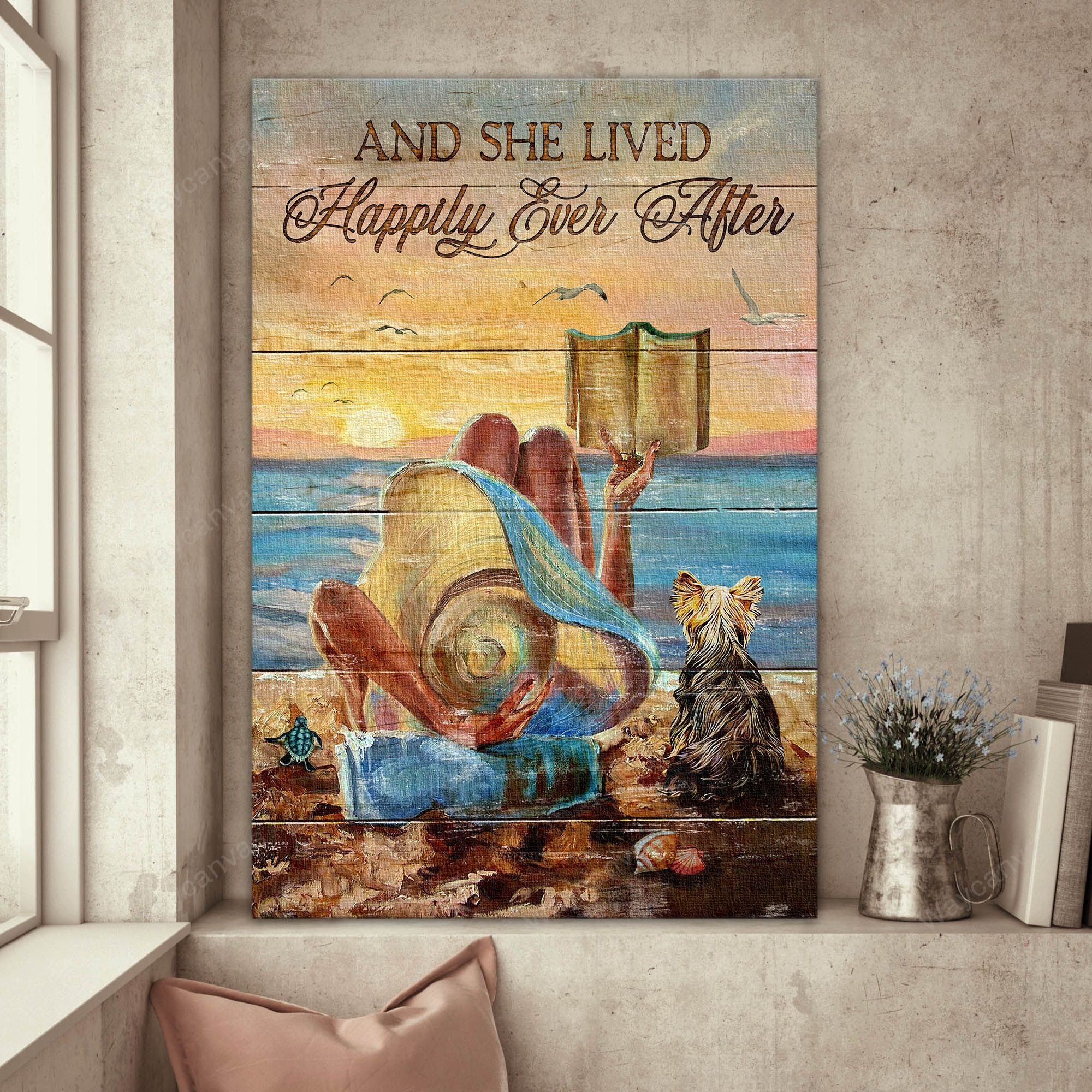 Yorkshire Terrier Portrait Canvas- Beach Landscape, Horizon, Yorkshire, Beautiful Girl Yorkshire Canvas- Gift For Yorkshire Terrier Lover- And She Lived Happily With Her