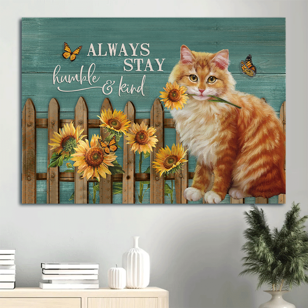 Jesus Landscape Canvas- Brown cat painting canvas, Sunflower garden, Wooden fence canvas- Gift for Christian, Cat lover- Always stay humble