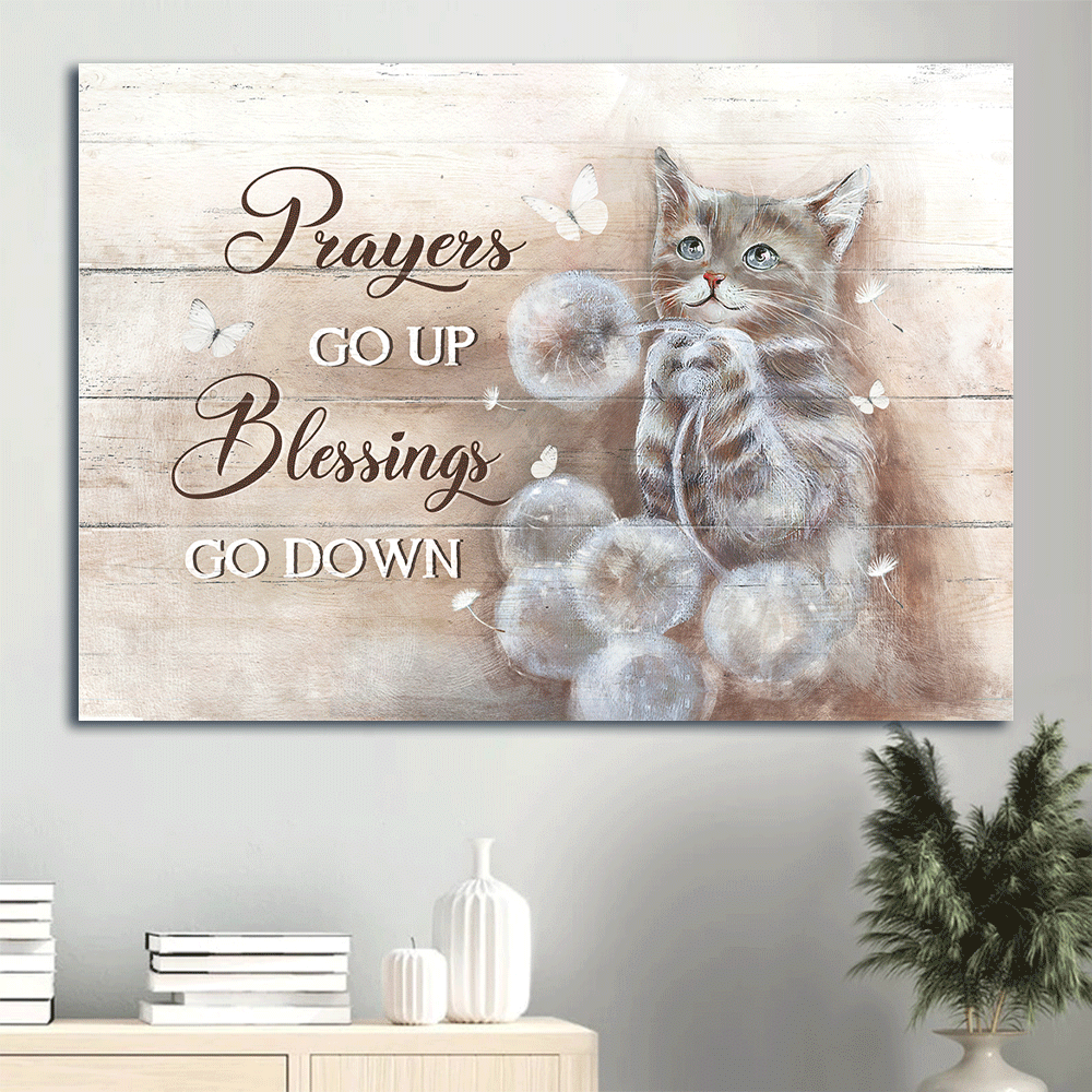 Jesus Landscape Canvas- Brown cat drawing canvas, Dandelion field canvas- Gift for Christian, Cat lover- Prayers go up, Blessings go down