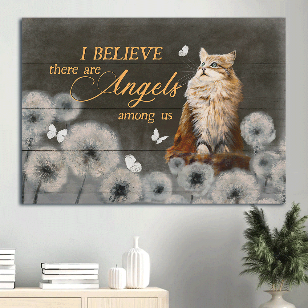Jesus Landscape Canvas- Brown cat canvas, Dandelion drawing, Butterfly canvas- Gift for Christian, Cat lover- I believe there are angels among us