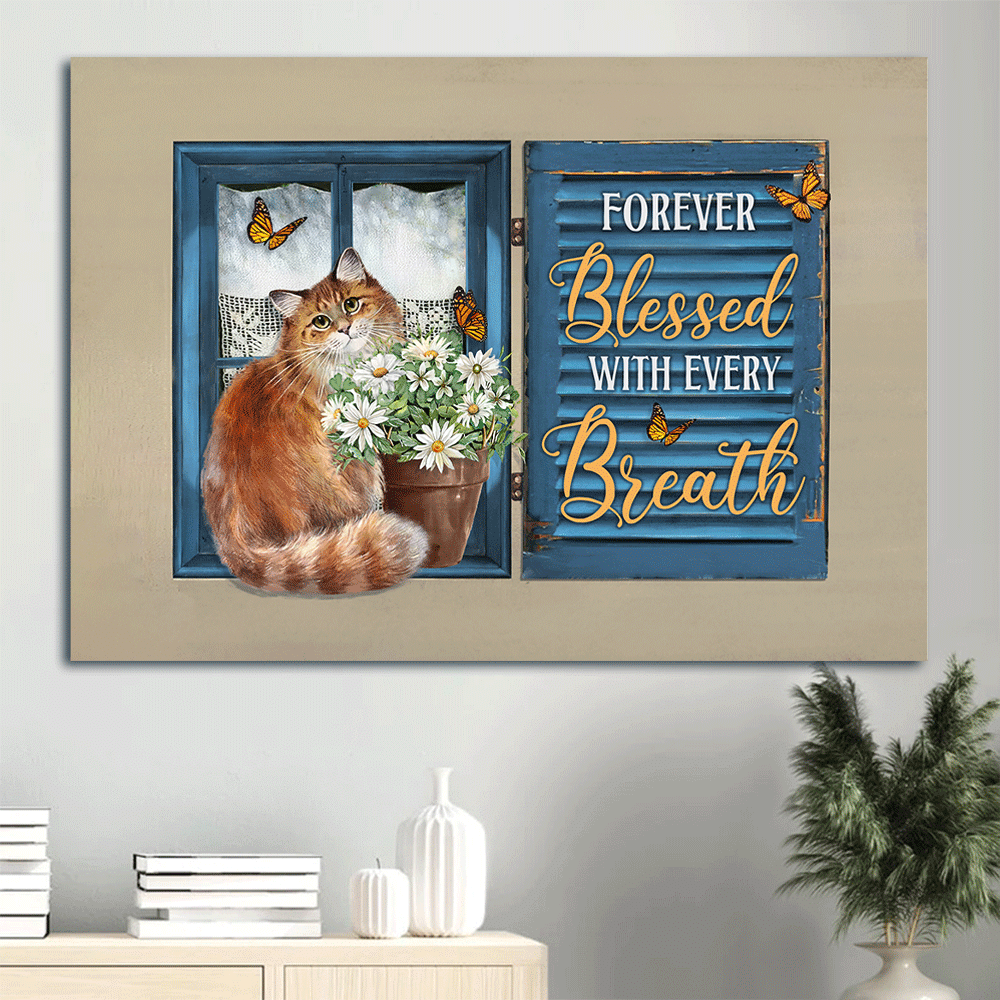 Jesus Landscape Canvas- Brown cat canvas, Daisy vase, Blue window canvas- Gift for Christian, Cat lover- Forever blessed with every breath